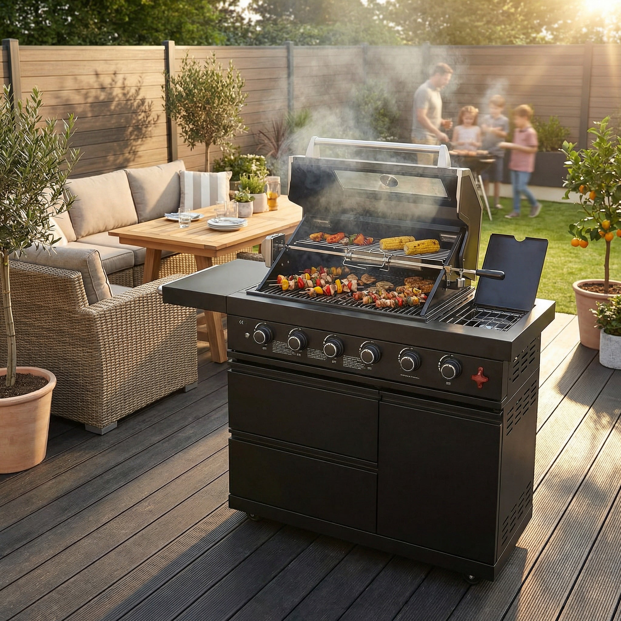 Chery Industrial 46-Inch Outdoor Kitchen Island Grill, 6-Burner Stainless Steel BBQ with Rotisserie Kit & Granite Countertop (Black, 46 in) toiic