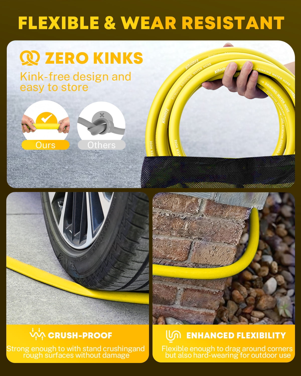 Kohree 50FT RV Water Hose, NSF Certified Drinking Water Safe, Heavy-Duty Flexible Garden Hose with Storage Bag (Yellow, 50 ft) 11j26