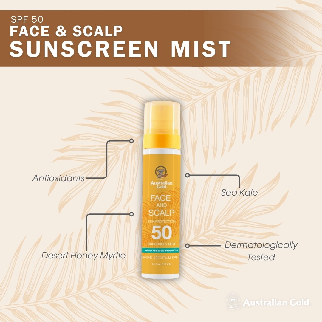 Australian Gold Face and Scalp Sunscreen Mist, Broad Spectrum SPF 50, Lightweight & Non-Greasy (Gold, 3.4 fl oz) xbntl