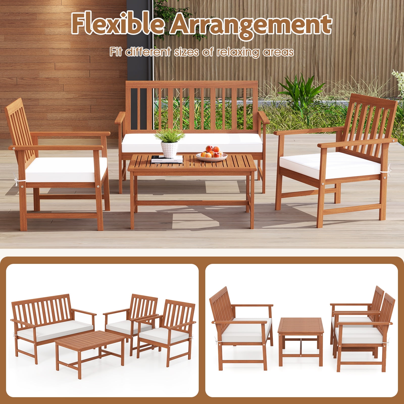 Gymax 4-Piece Acacia Wood Patio Conversation Set with Cushions (White, 4-Piece Set) zioc6
