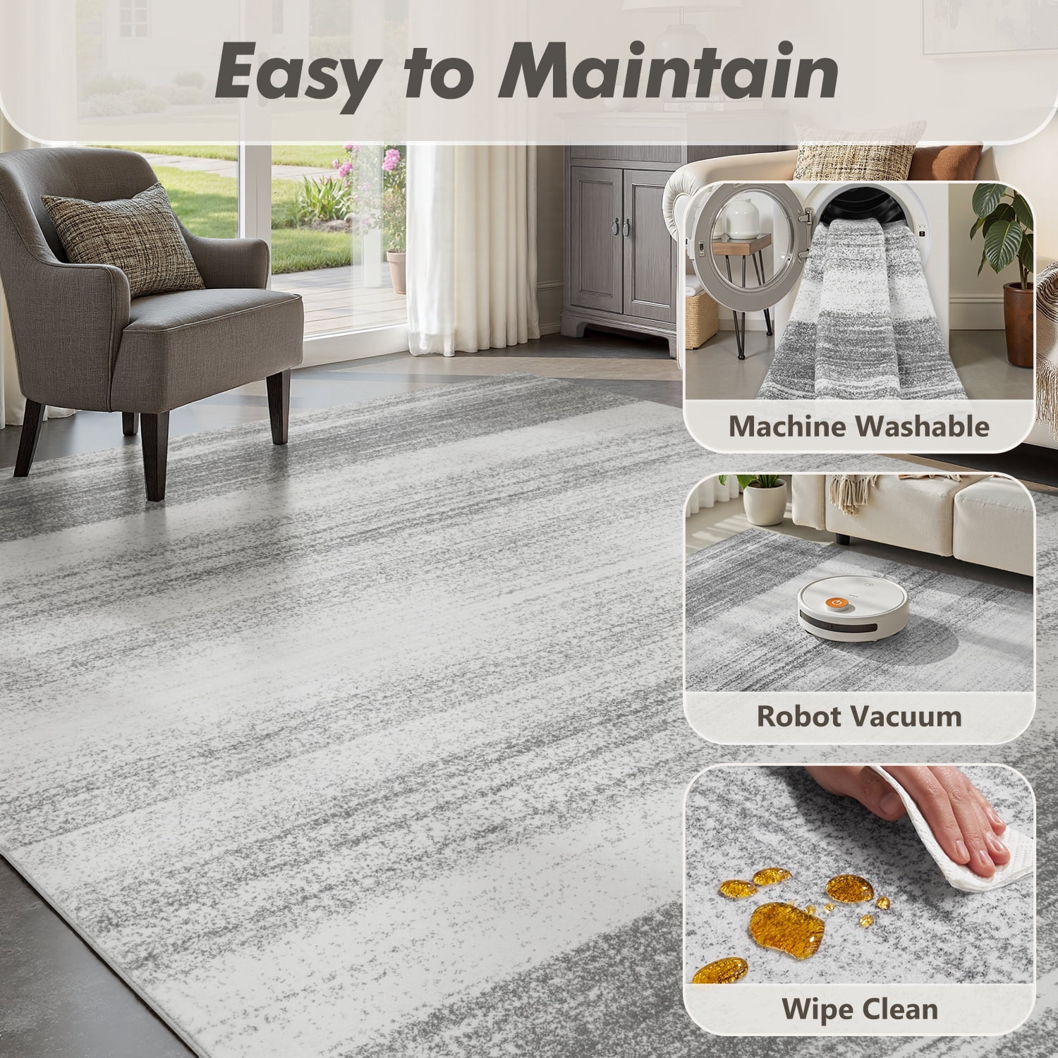 VUNATE Modern Abstract Area Rug, Washable Soft Contemporary Neutral Carpet for Living Room and Bedroom (Light Gray, 5 ft x 7 ft) kw9iw