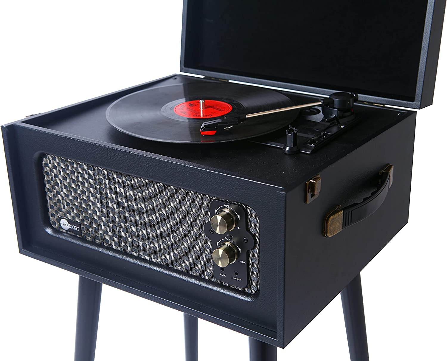 Arkrocket Discovery 3-Speed Bluetooth Record Player Retro Turntable with Built-in Speakers and Legs (Black) lk20g