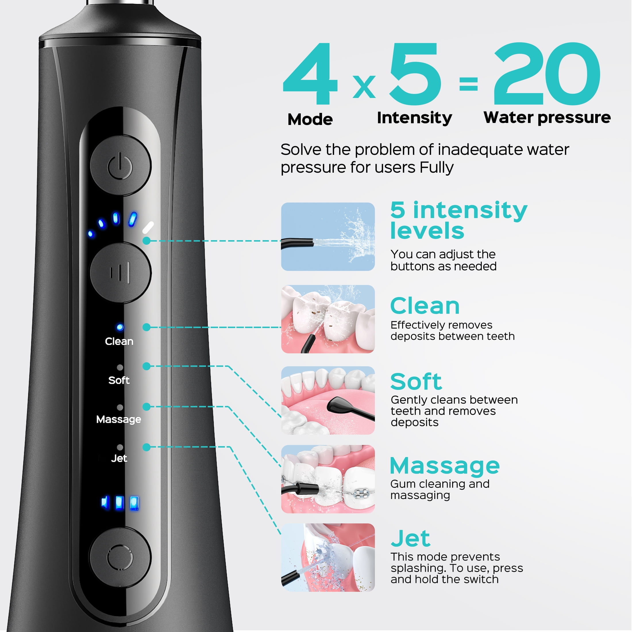 COSLUS CX50 Cordless Water Dental Flosser, Professional Oral Irrigator with 4 Modes and 5 Intensities (Black, 9.13 fl oz) 5g10z