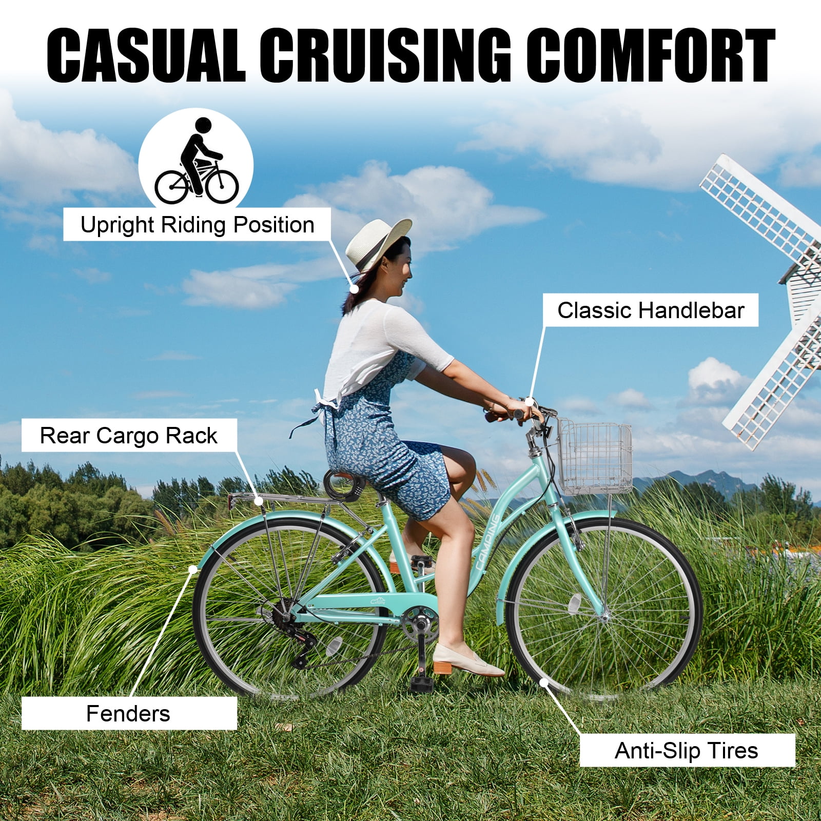 Ktaxon 24-inch Women's Cruiser Bike, 7-Speed City Bicycle with Basket and Rear Rack (Green, 24 in) exdtx