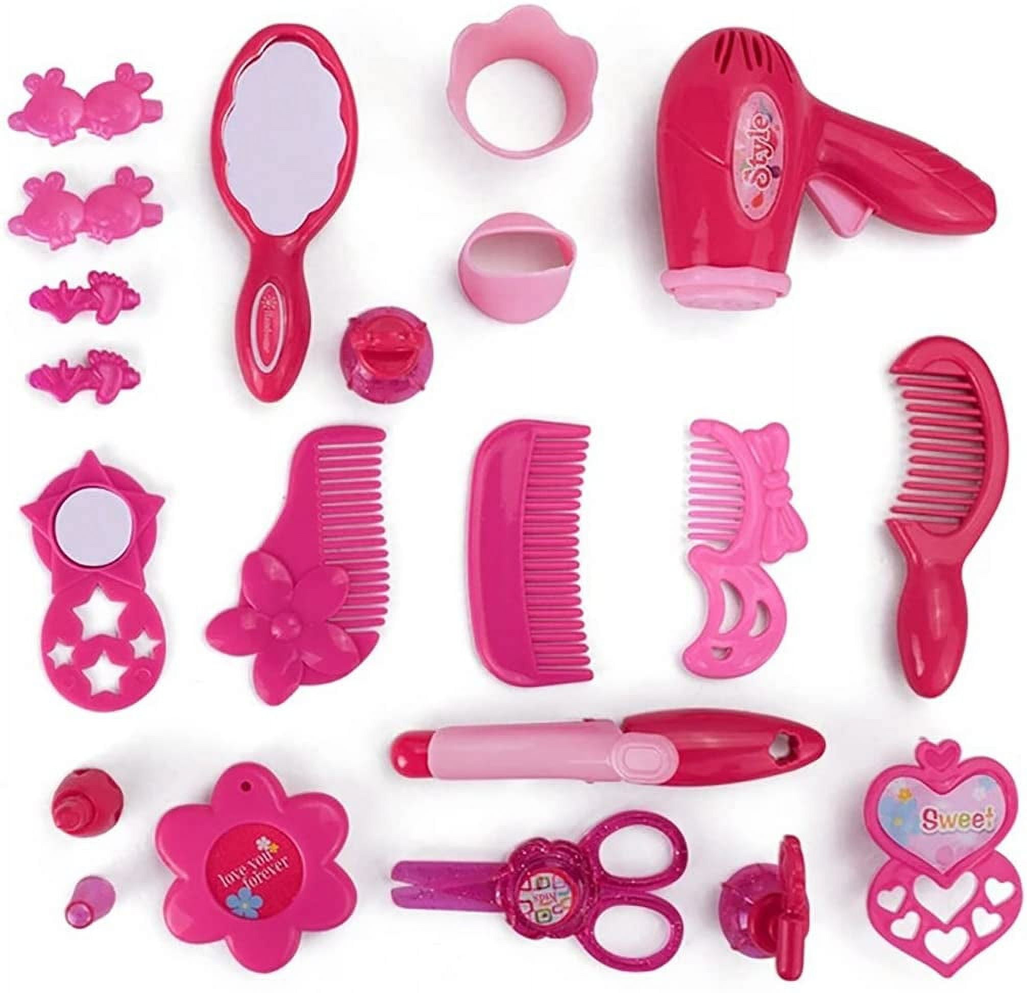 Rirool Pretend Play Makeup and Hair Salon Activity Set with Portable Carrying Case (Pink, 17-Piece Set) s7s60