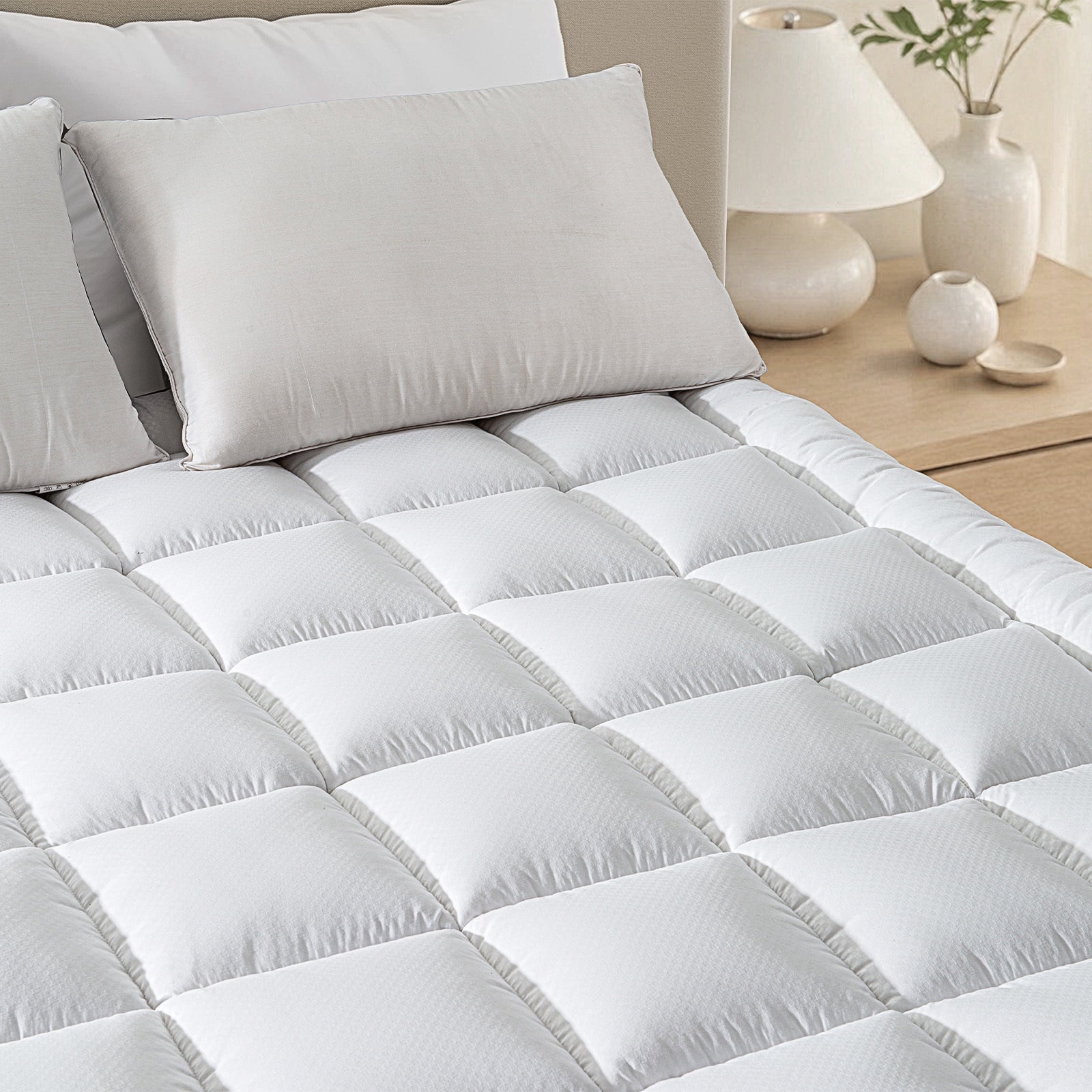 Vccoem Cooling Mattress Topper, Extra Thick Quilted Bed Pad, Breathable Plush Hypoallergenic Cover (White, Queen) lz8b4