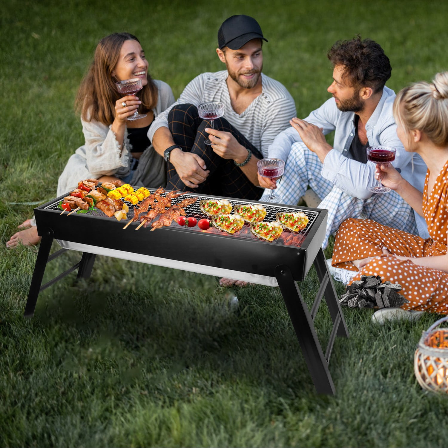 Zorpupoa Foldable Charcoal BBQ Grill Portable Stainless Steel Tabletop Grill for Camping and Outdoor Cooking (Black, 21.85x8.85x12 in) wrd1d