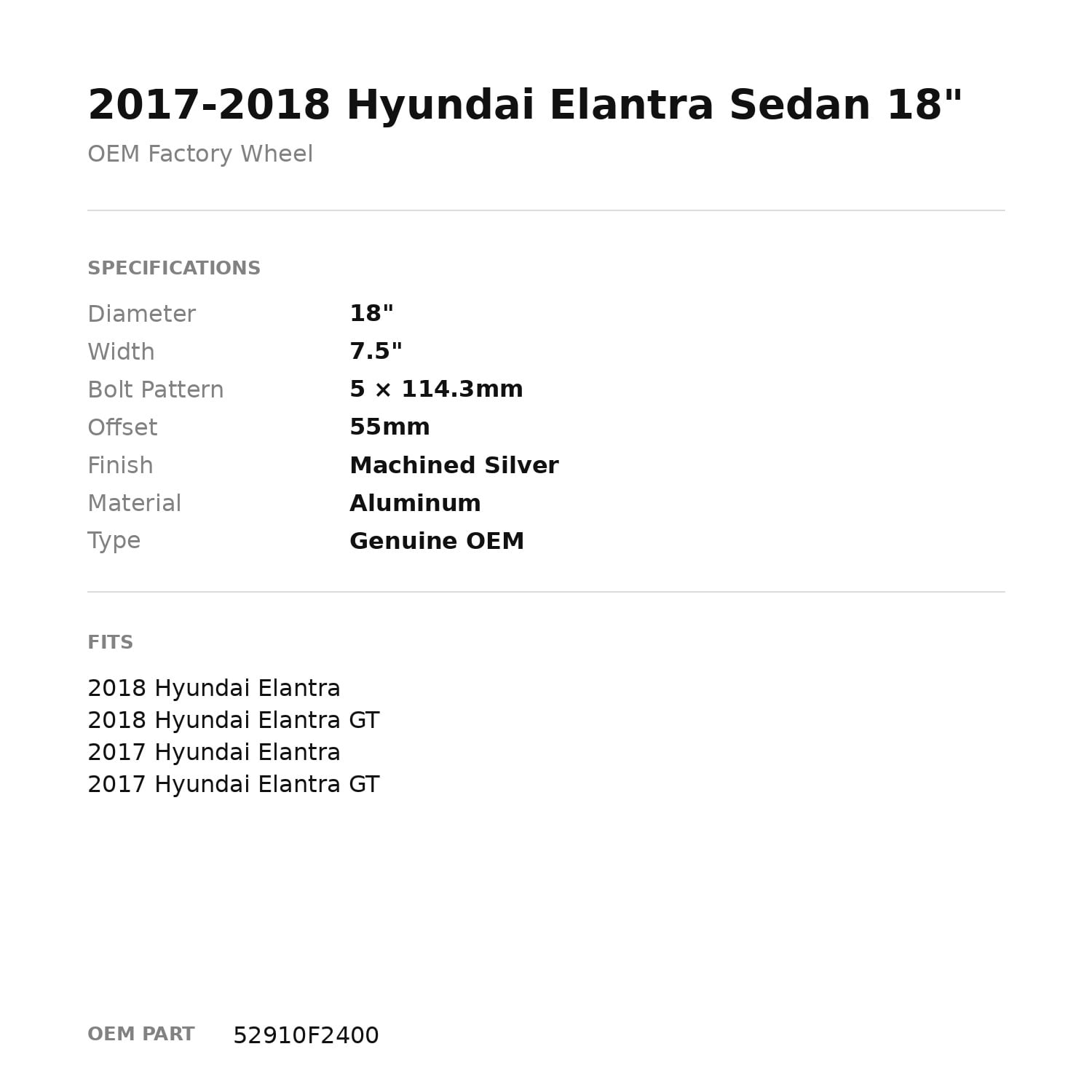 Factory Wheel Warehouse Hyundai Elantra Wheel 2017-2018 18 in Factory OEM Rim (Silver, 18 in) cckh1