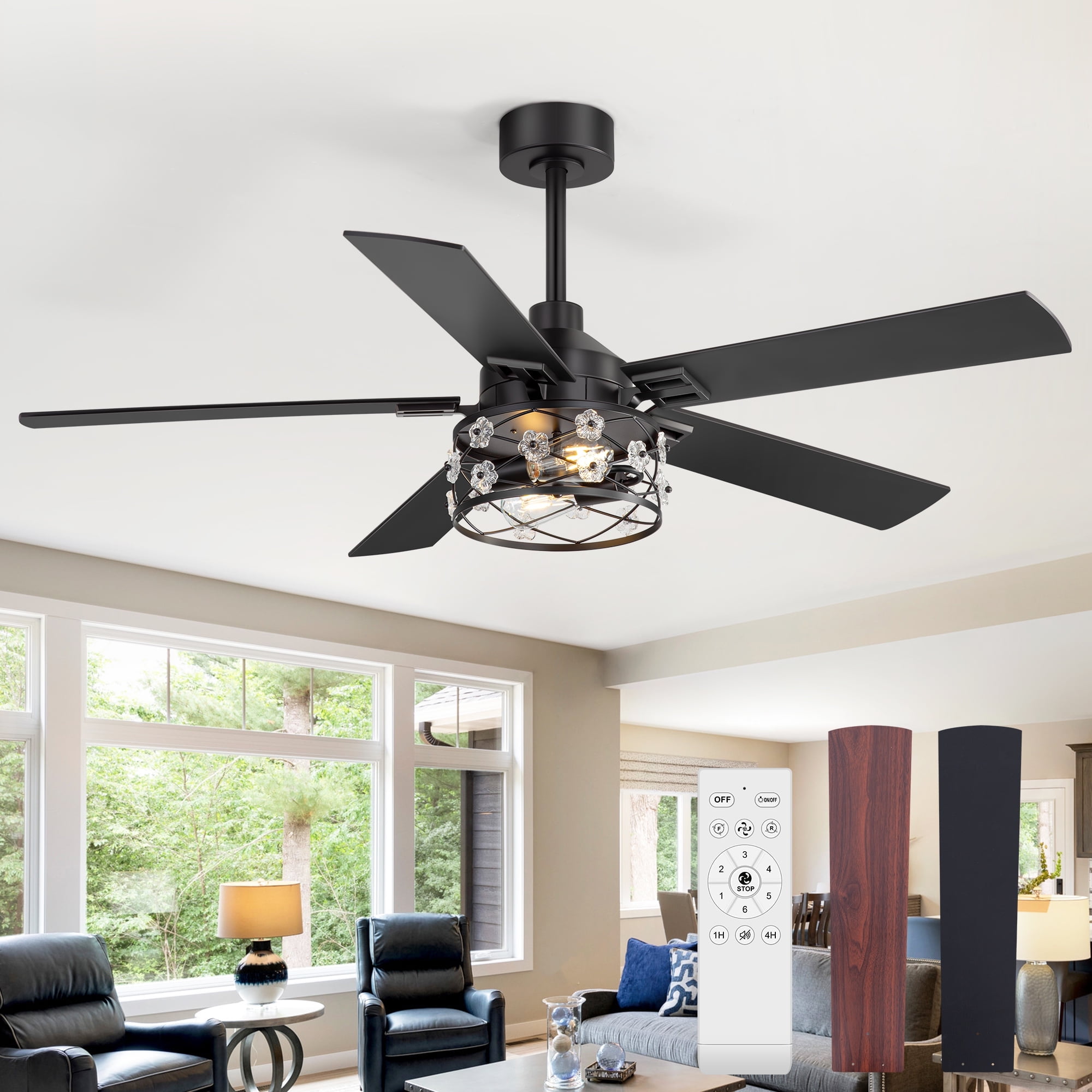 ALKAFY 52 in Matte Black Ceiling Fan with Lights - Reversible 5-Blade Design, 6-Speed Remote Control (52 in) ajnmi