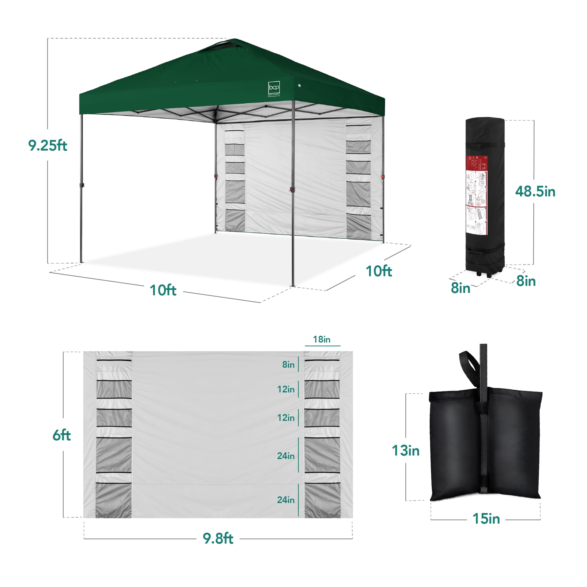 Best Choice Products Pop Up Canopy Tent with Side Wall and Carrying Case (Forest Green, 10 ft x 10 ft) 6s8de