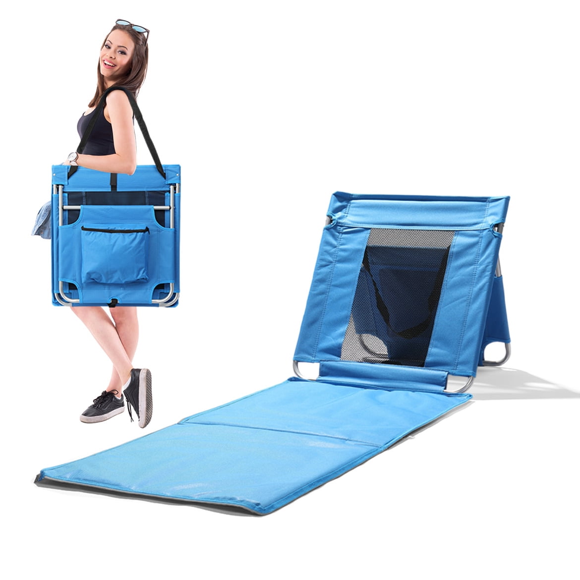 voqoomkl Foldable Beach Lounger Chair with Mesh Back and Cooler Pocket (Blue, 3.3 lb) pijga