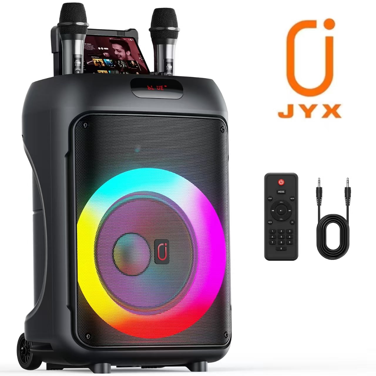 JYX Portable Party Speaker, 120W Wireless Bluetooth Speaker with Dual Subwoofers, Karaoke System with 2 Microphones and Wheels (Black) 9r5hu