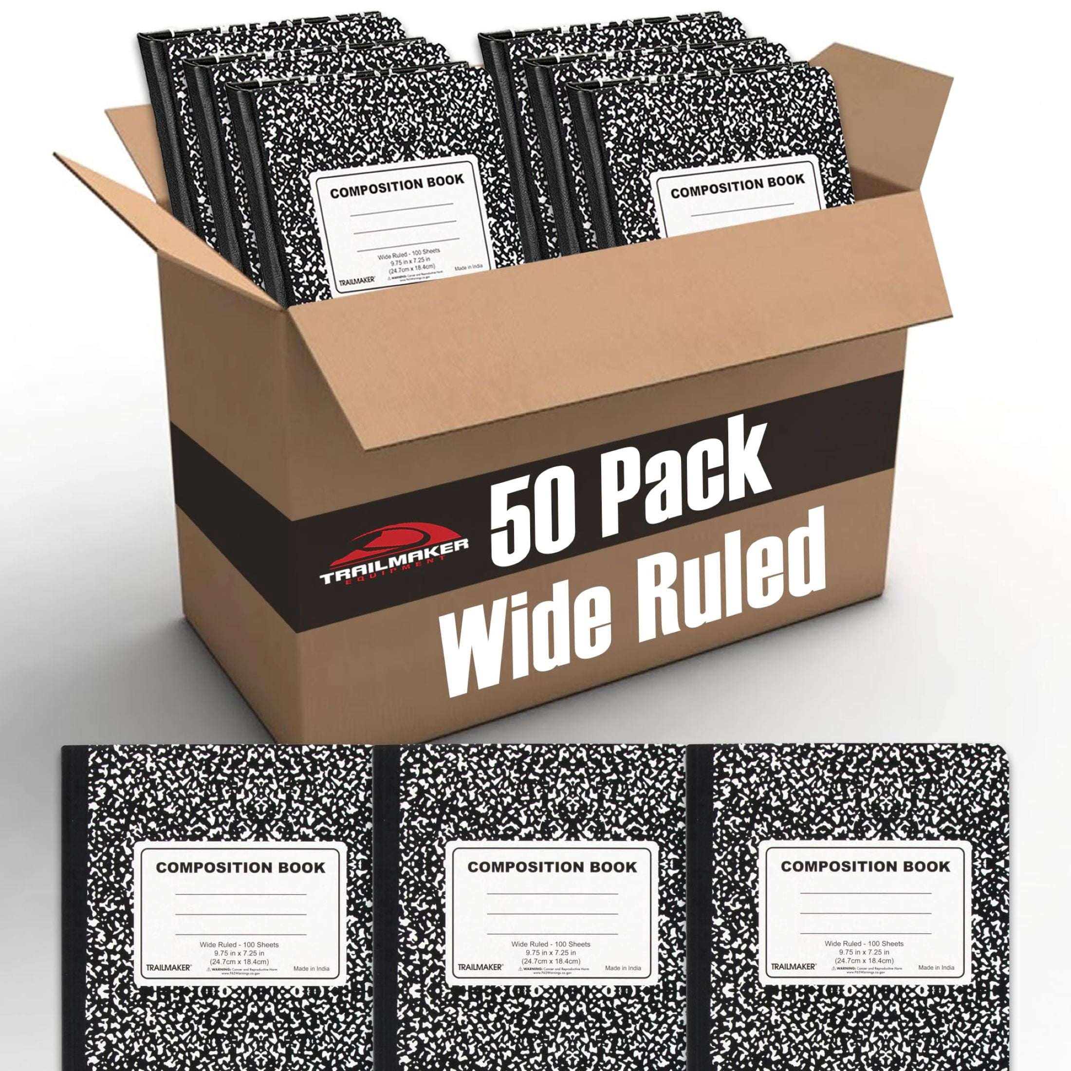 Trailmaker Wide Ruled Composition Notebooks, Durable Hardcover Journal for School and Office (Black, 50 Pack, 9.75 in x 7.5 in) 5hbjc