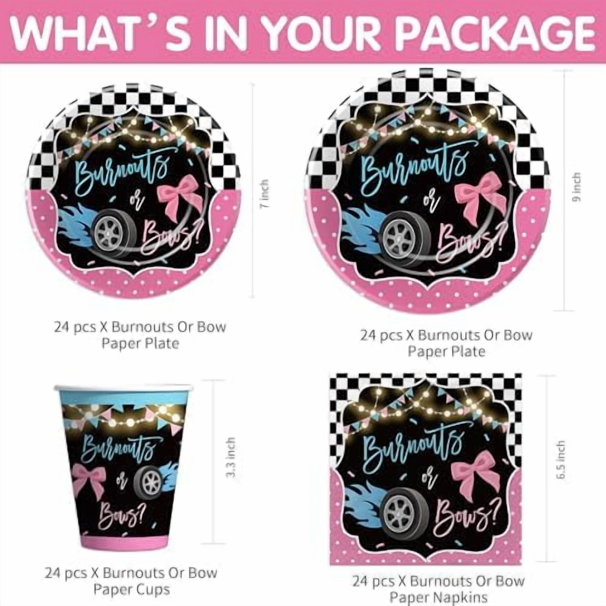 Burnouts or Bows Gender Reveal Party Supplies Set, Race Car vs Bows Baby Shower Tableware (Pink, Serves 24) cc7vy