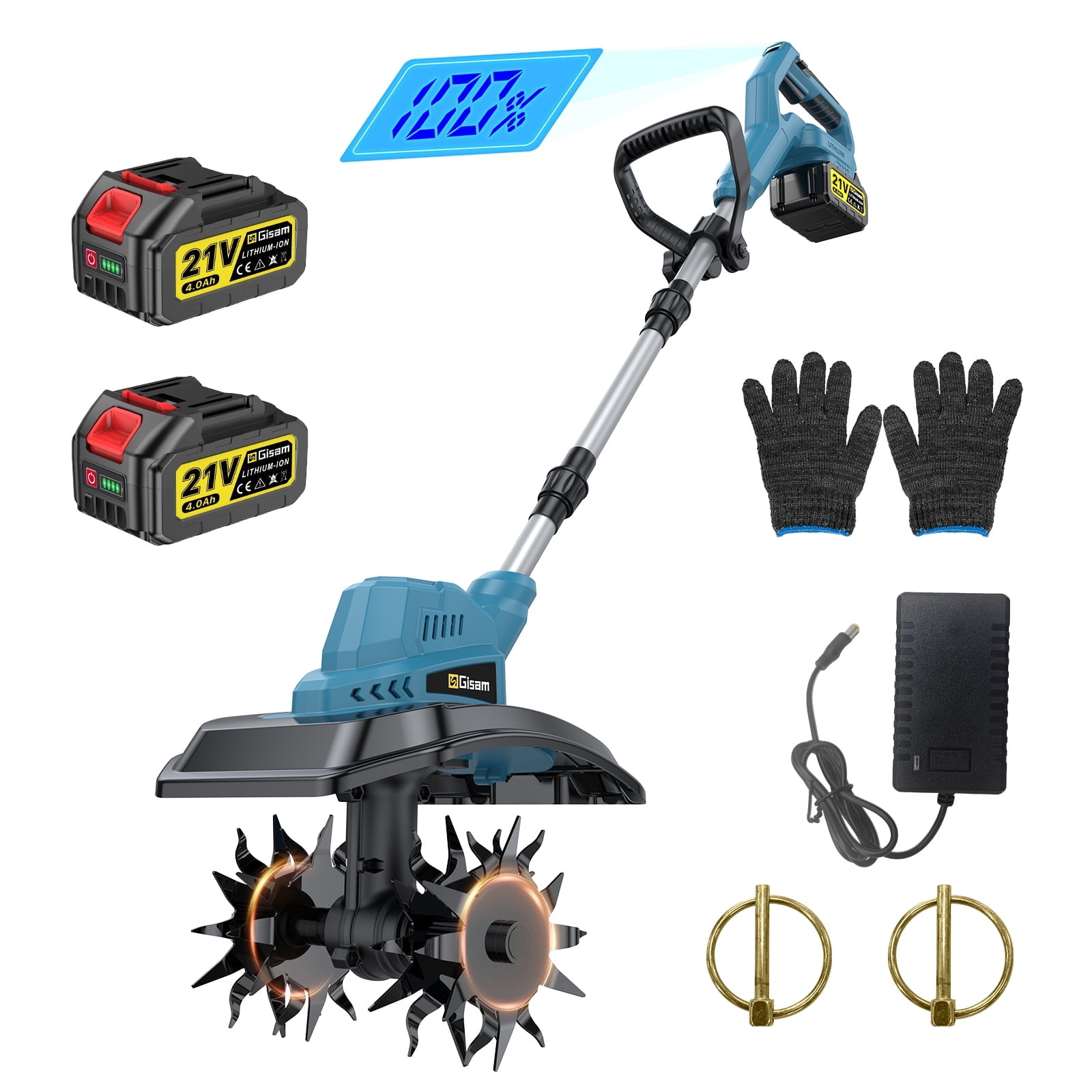 Gisam Cordless Electric Tiller Cultivator, High-Efficiency Garden Rototiller with Dual 4.0Ah Batteries, Adjustable Foldable Handle (9 in Width, 8.3 in Depth) k5ddl