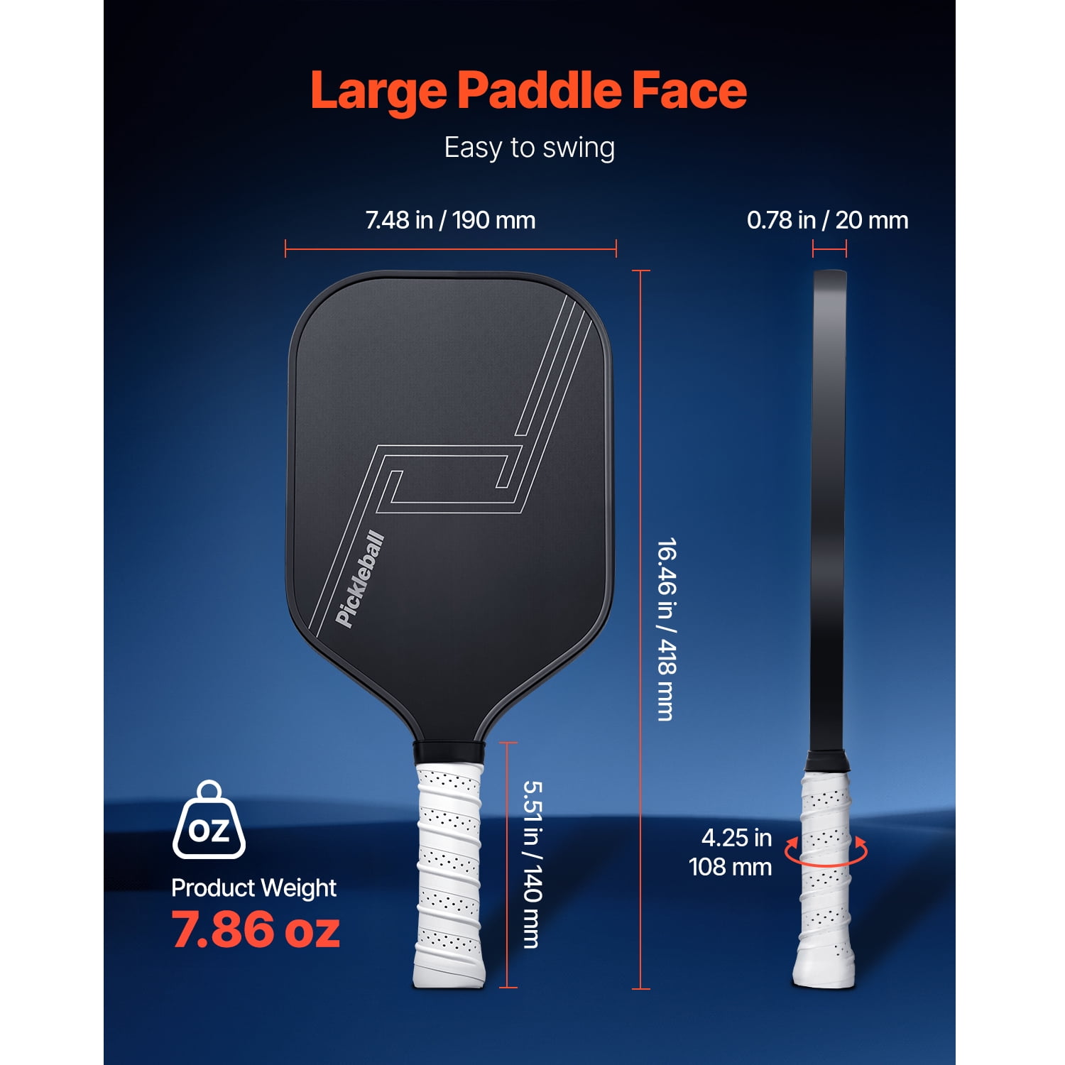 KFFKFF Pickleball Paddle T700 Carbon Fiber Surface with Honeycomb Core (Black, 7.86 oz) acl38