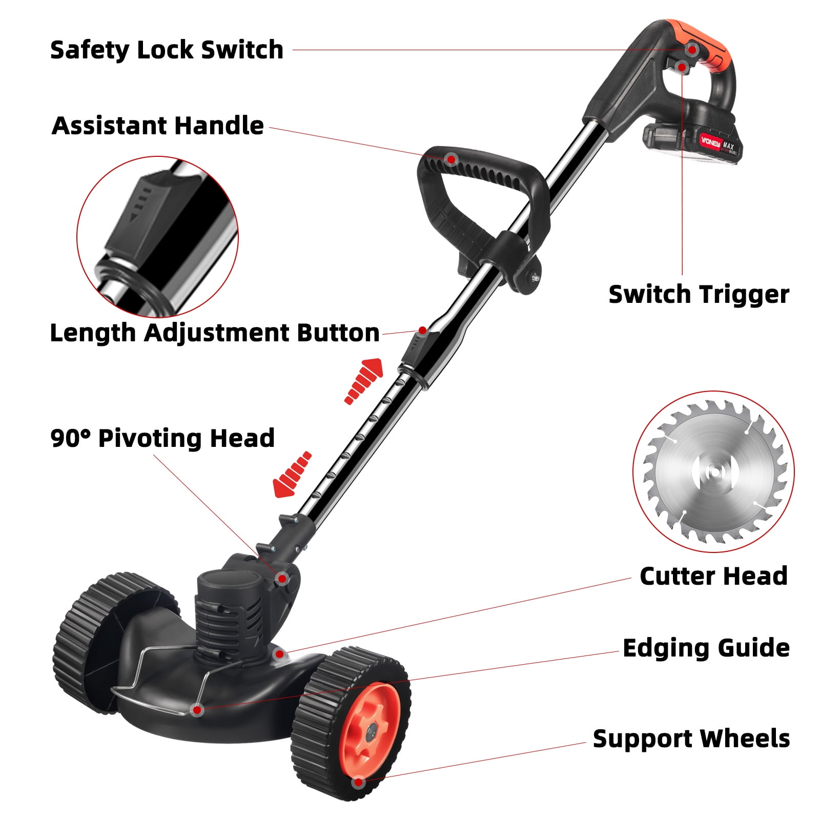 Paddsun 3-in-1 Cordless Electric Weed Eater with Wheels, Adjustable Telescoping Handle and 3-Blade System (Black) 08krj