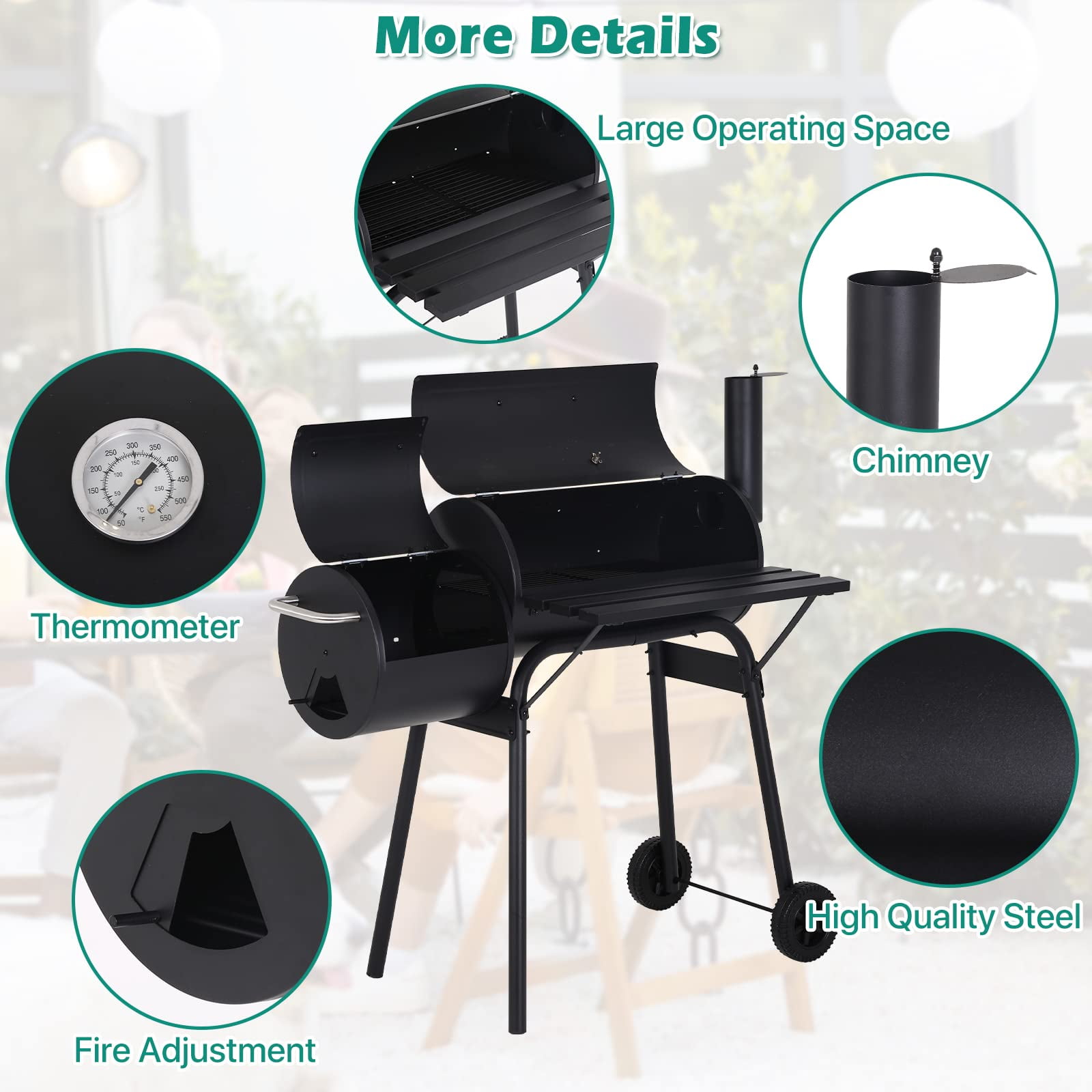 NiamVelo Charcoal Grill Offset Smoker with Cover, Portable Outdoor BBQ Grill for Backyard Camping (Black, 43.3 in x 24 in x 44.5 in) bjag9