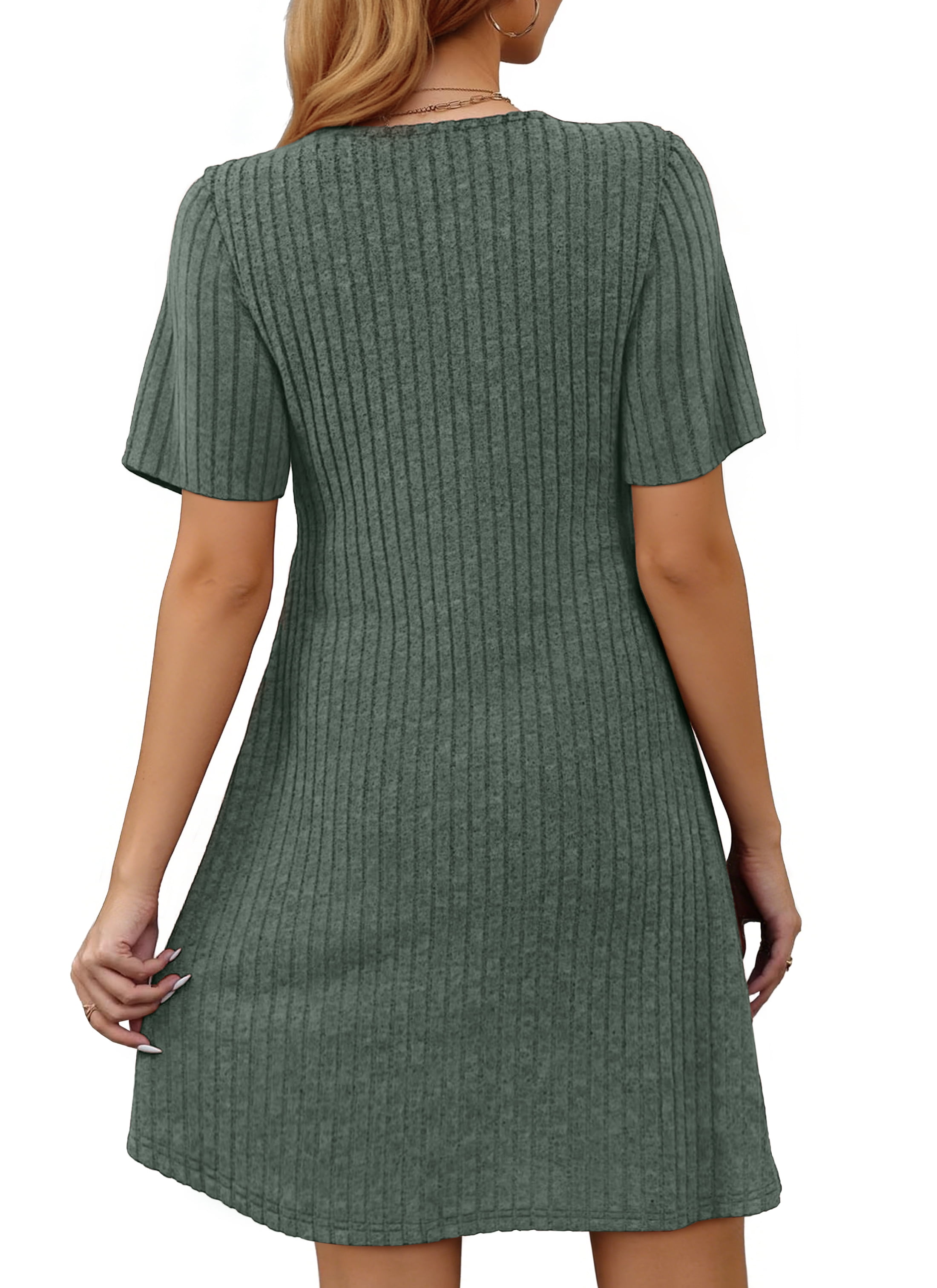Fantaslook Women's V-Neck Midi Dress Short Sleeve Empire Waist Casual Tunic with Pockets (Green, L) 4ck2p