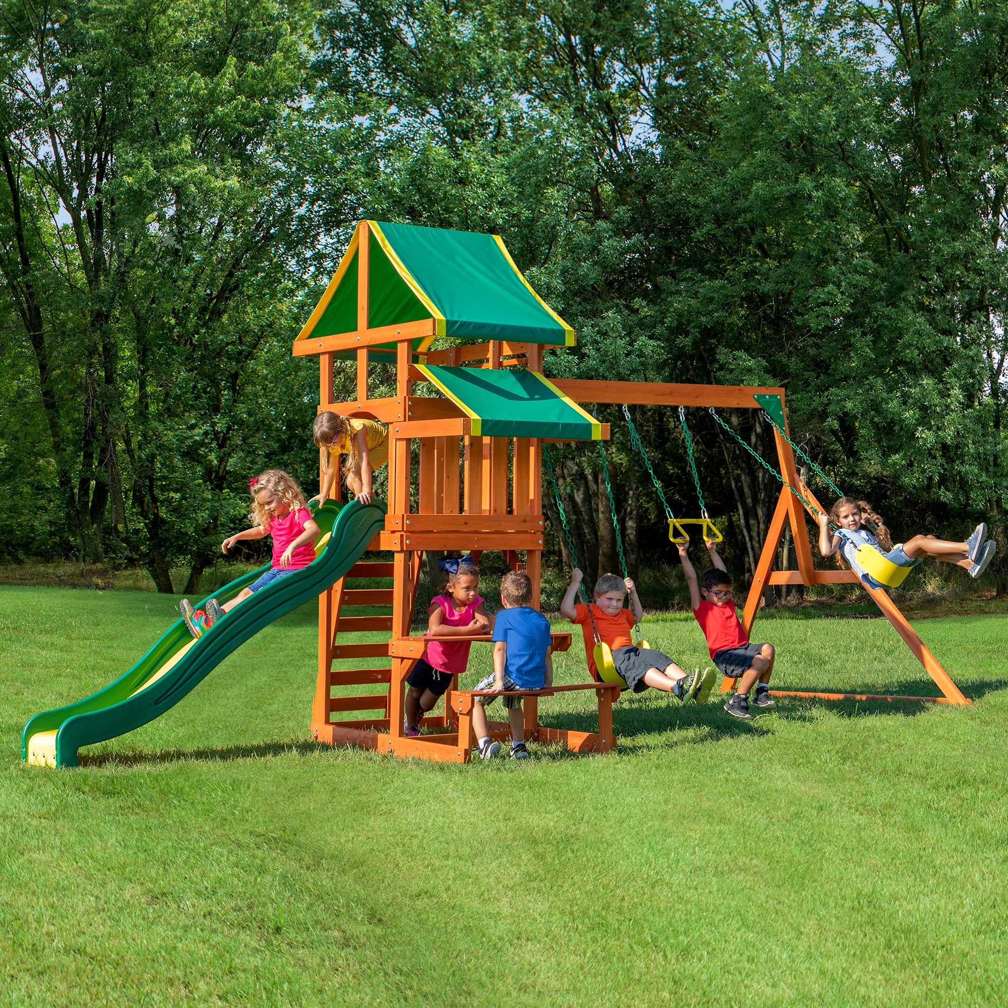 Backyard Discovery Tucson Cedar Wooden Swing Set with Slide and Rock Wall (Brown, 15 ft x 11 ft) 9we6w