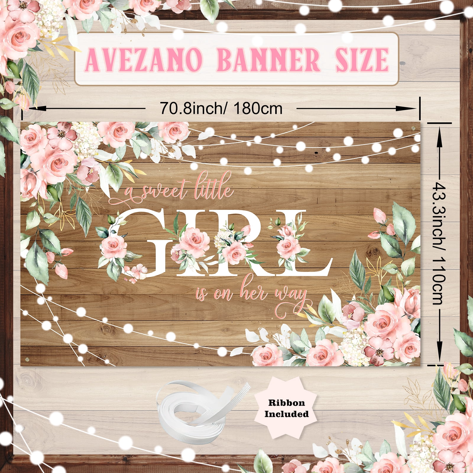 Mocsicka Rustic Baby Shower Backdrop Pink Flower Floral Banner for Girl (Pink, 71 in x 43 in) uzwto