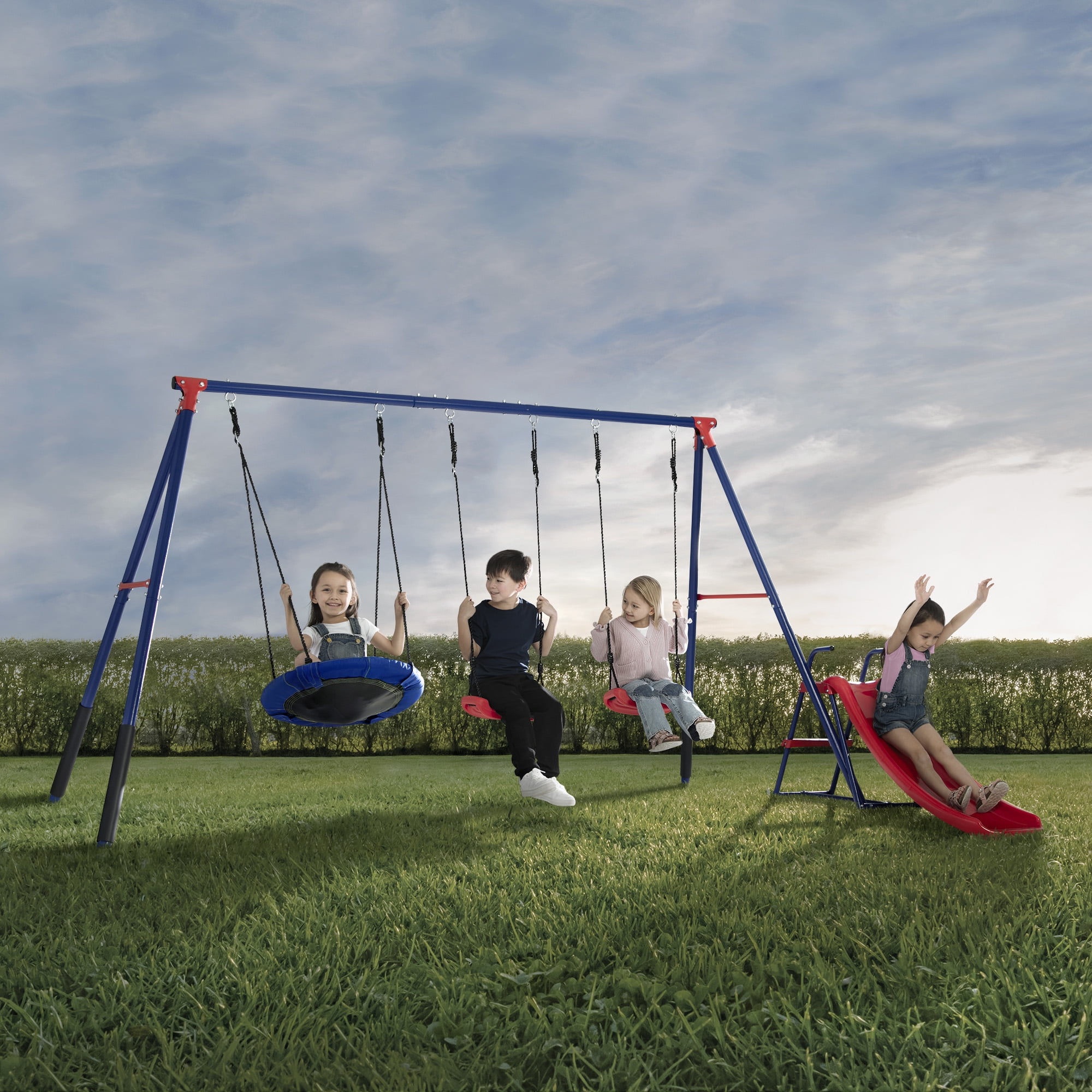 Delta Children FunZone Outdoor Metal 4-Piece Swing Set (Blue/Red, 109.4 in W x 54 in D x 68.9 in H) bfc6b