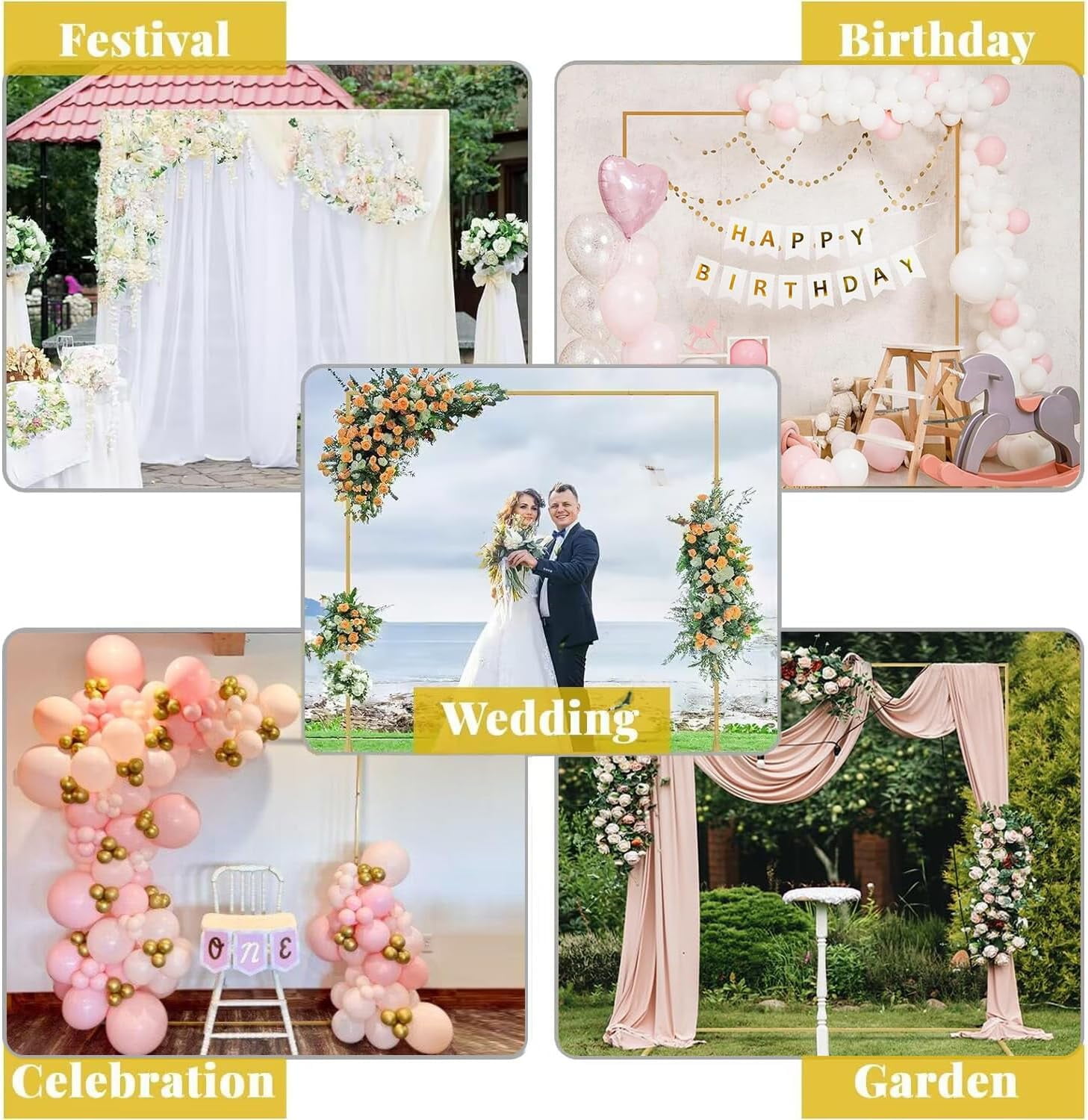 VINCIGANT Square Wedding Arch Backdrop Stand, Heavy-Duty Metal Frame for Floral Balloon Displays (Gold, 6.6 ft x 6.6 ft) diarb