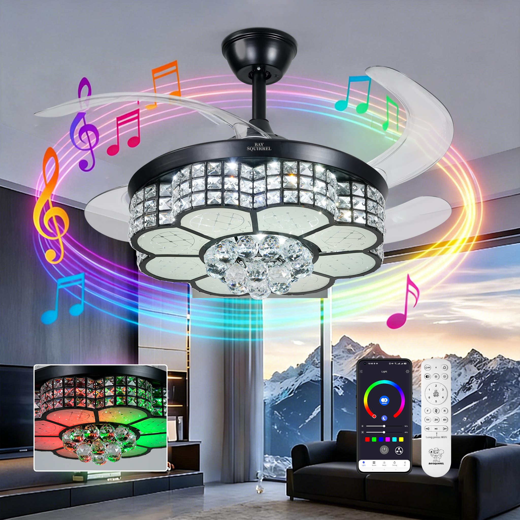 BAYSQUIRREL Retractable Crystal Ceiling Fan with RGB LED Light, Bluetooth Speaker, Remote & APP Control (42 in) 68jc5