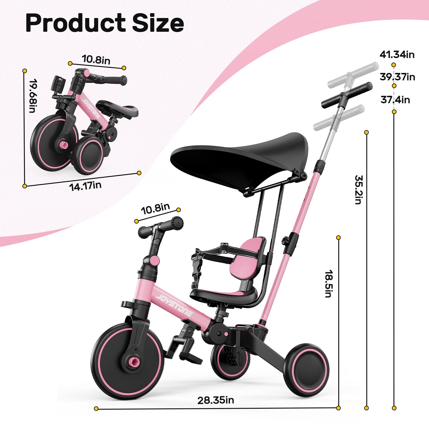 JoyStone 7-in-1 Foldable Toddler Tricycle and Balance Bike with Parental Control Handle and Adjustable Canopy (Pink) p8g8q