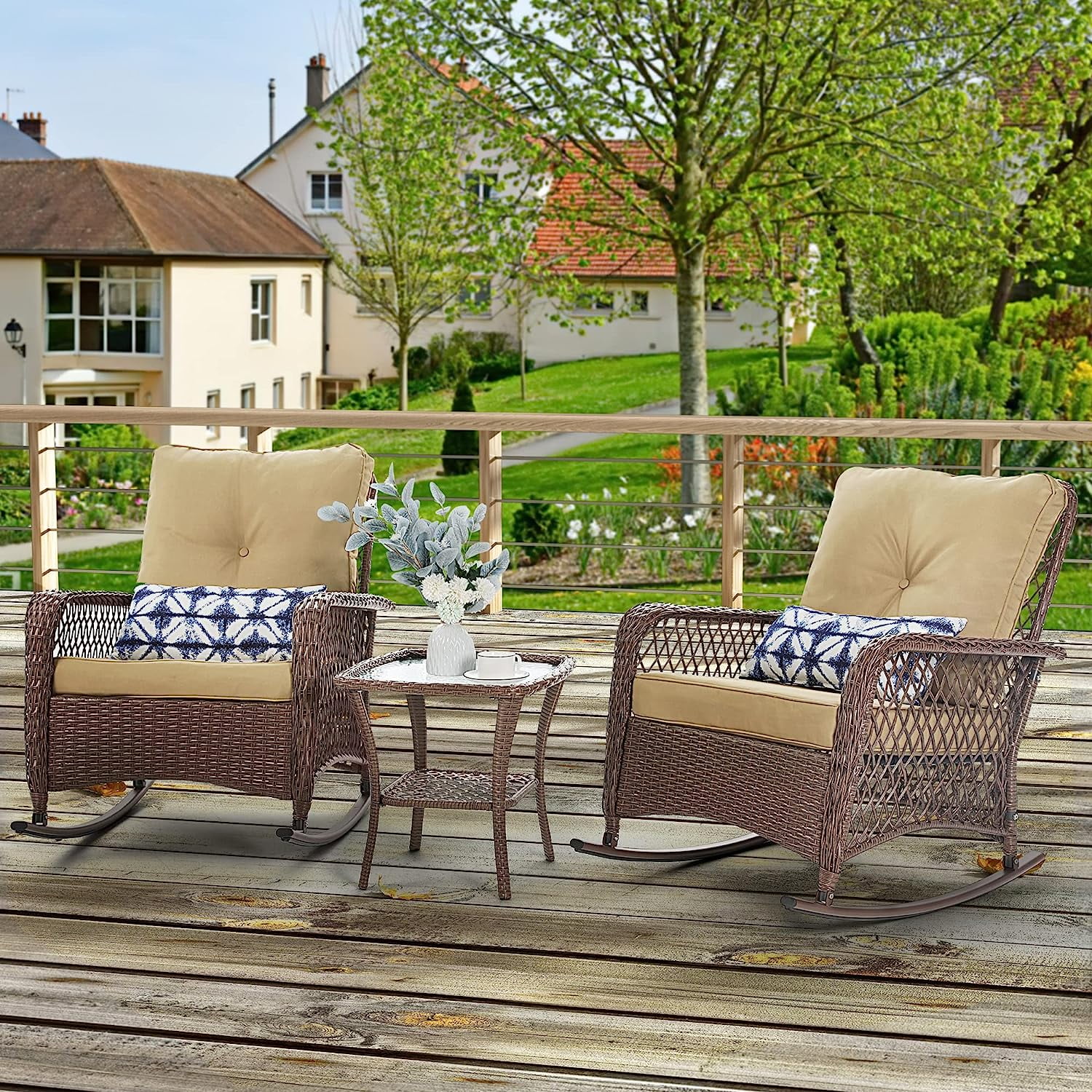 TECHMILLY 3-Piece Outdoor Rocking Chair Set, Wicker Patio Furniture with Cushions and Side Table (Beige, 37 in x 30 in x 38 in) 101ny