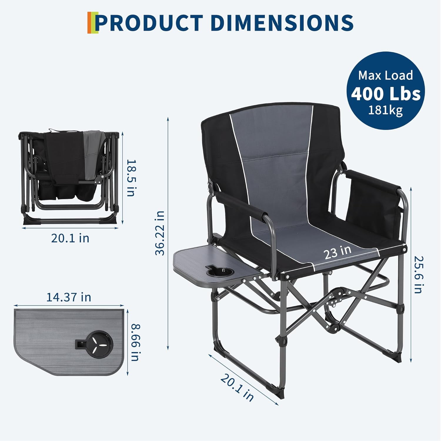Acekid Heavy Duty Oversized Camping Chair with Side Table and Storage Pocket (Black, 400 lb Capacity) rdt2l