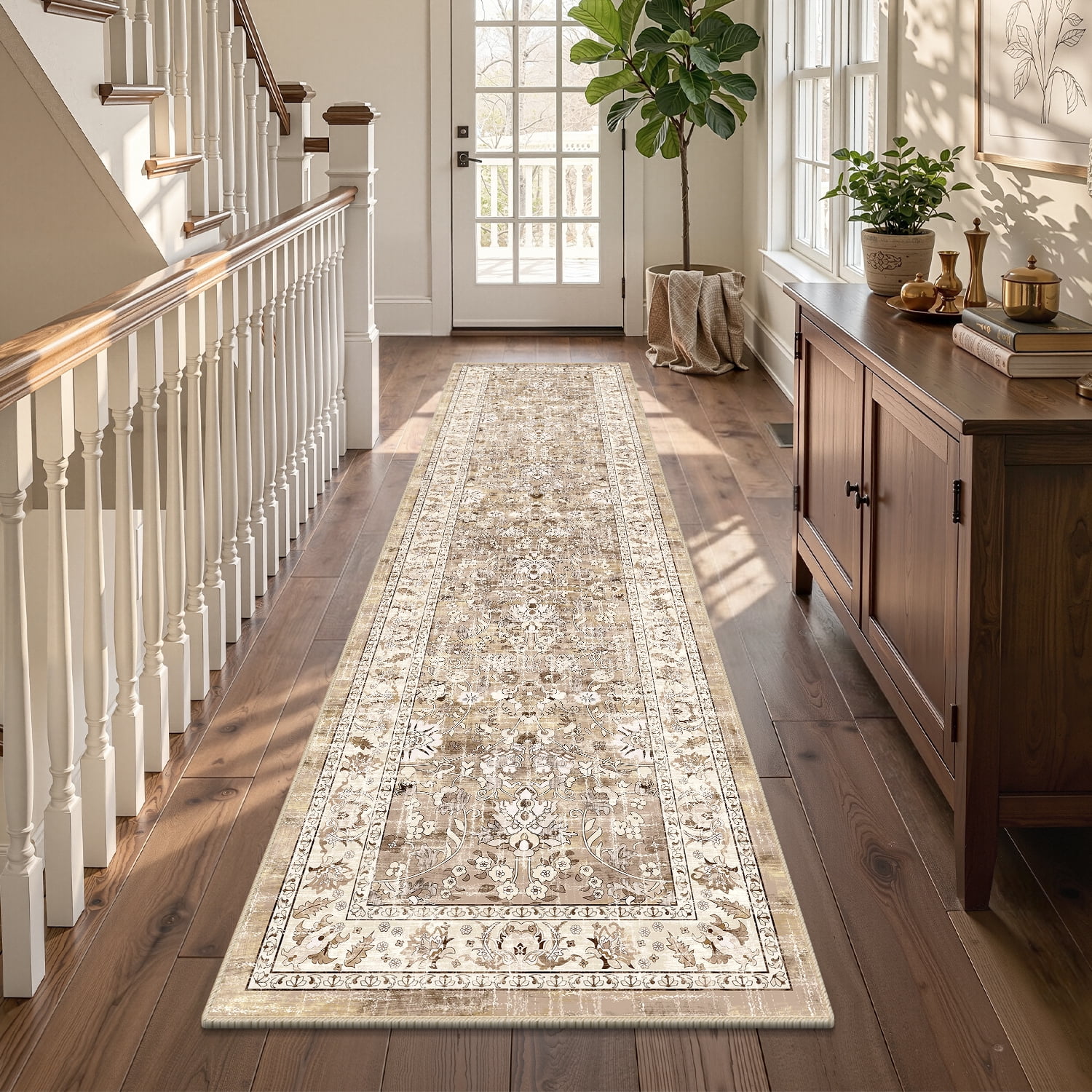 MJIAexp Boho Floral Kitchen Runner Rug, Machine Washable Non-Slip Hallway Carpet (Beige, 2 ft x 8 ft) umdat - Image 3