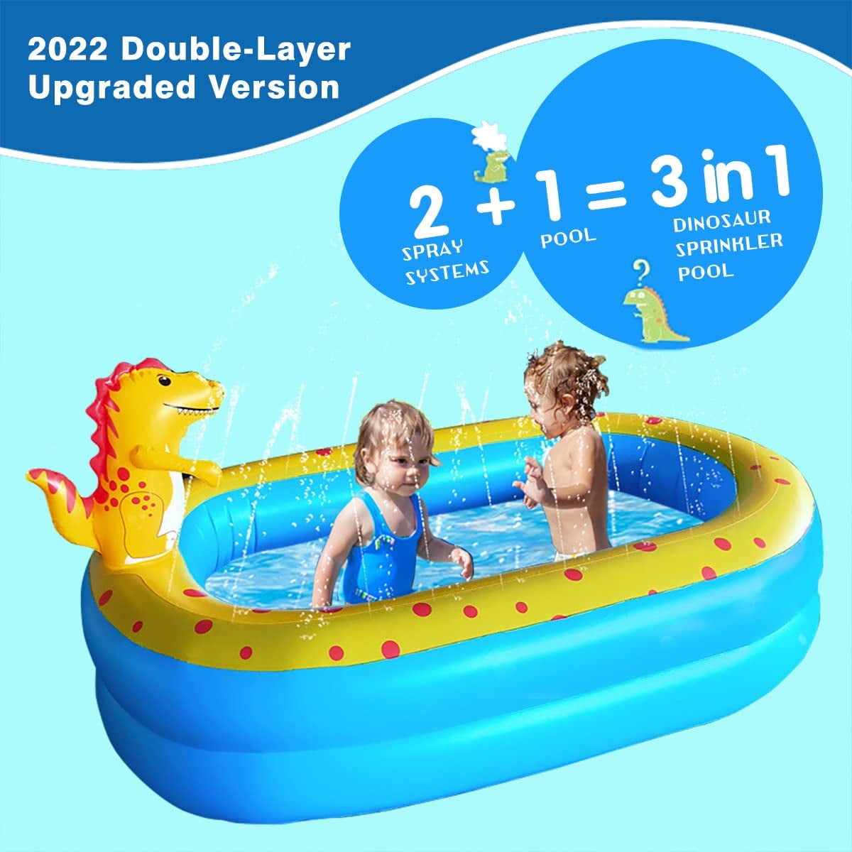 Swfoer Inflatable Dinosaur Pool for Kids, Outdoor Splash Pad with Sprinkler (Blue, 67 in x 41 in x 32 in) 4bl5d