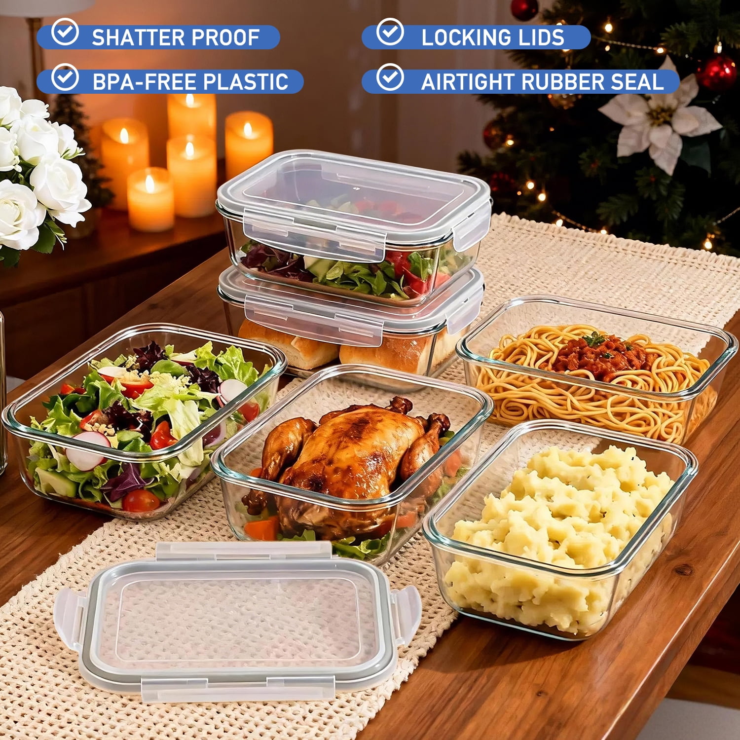 Taimasi Glass Food Storage Containers Set, Airtight Leak-Proof Meal Prep Containers with Locking Lids (Gray, 63 fl oz, 2 Pack) 1rziv