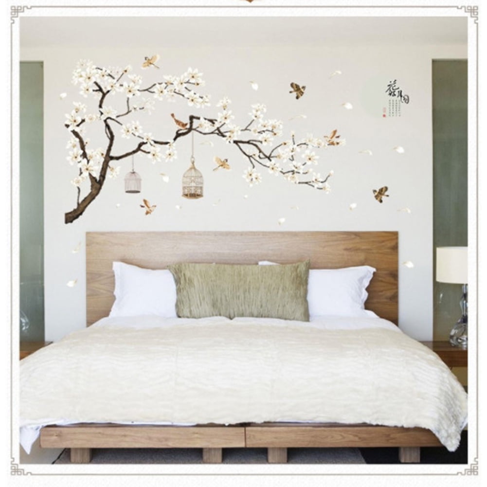 AKDSteel Large Tree Wall Decals with Birds and Flowers (White, 73.6 in x 50.4 in) 81vgn