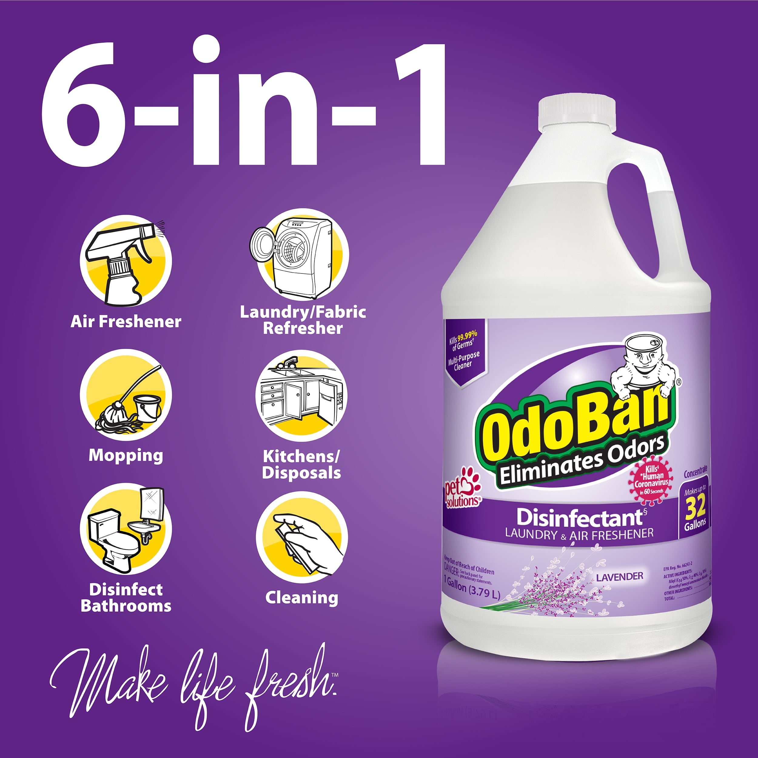 OdoBan Disinfectant Concentrate and Odor Eliminator, Multi-Purpose Cleaner (Lavender Scent, 256 fl oz) 2vssa