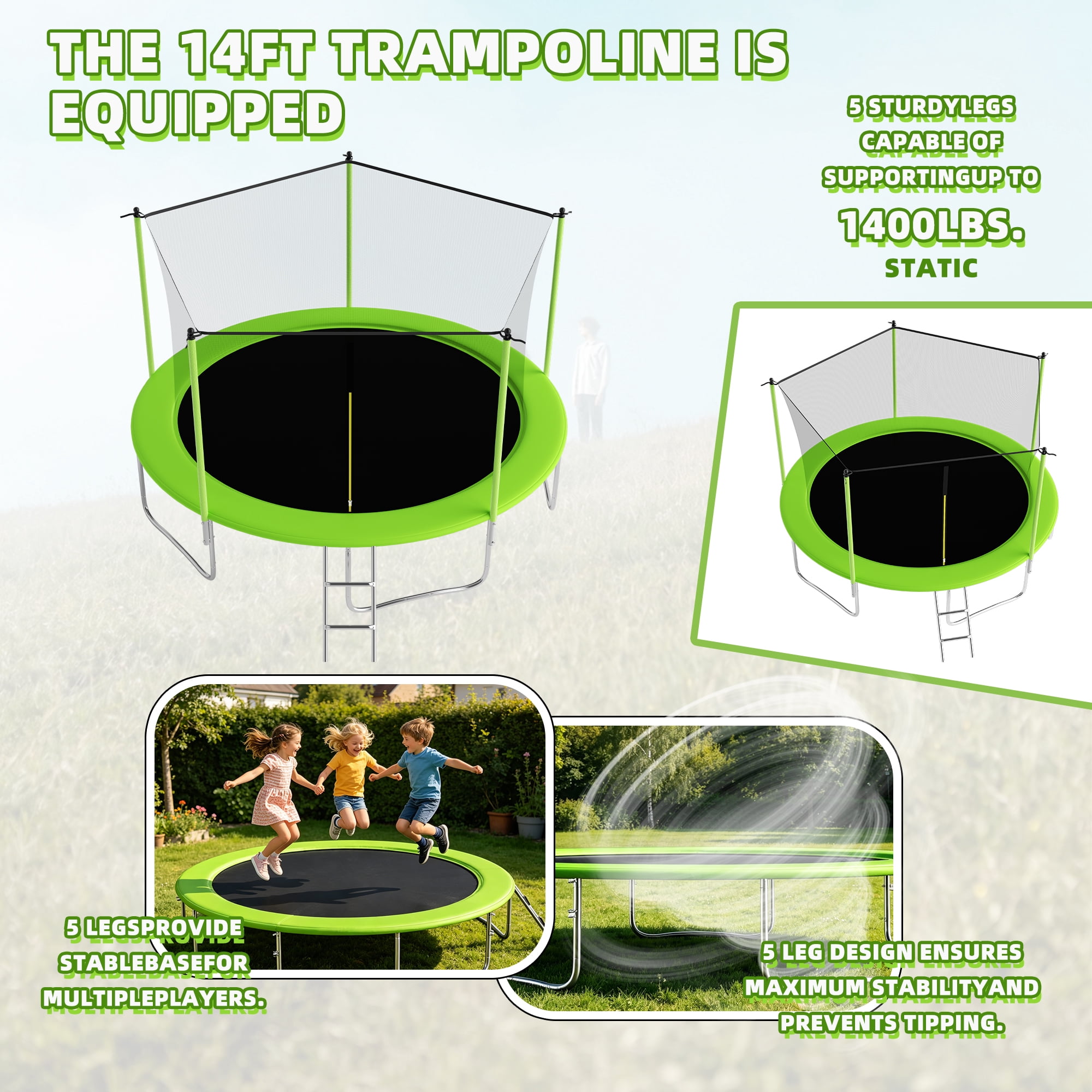 Ovatoys 14ft Recreational Trampoline with Safety Enclosure, Basketball Hoop, Ladder, and LED Lights (Green, 1400 lb Capacity) 3g0xs