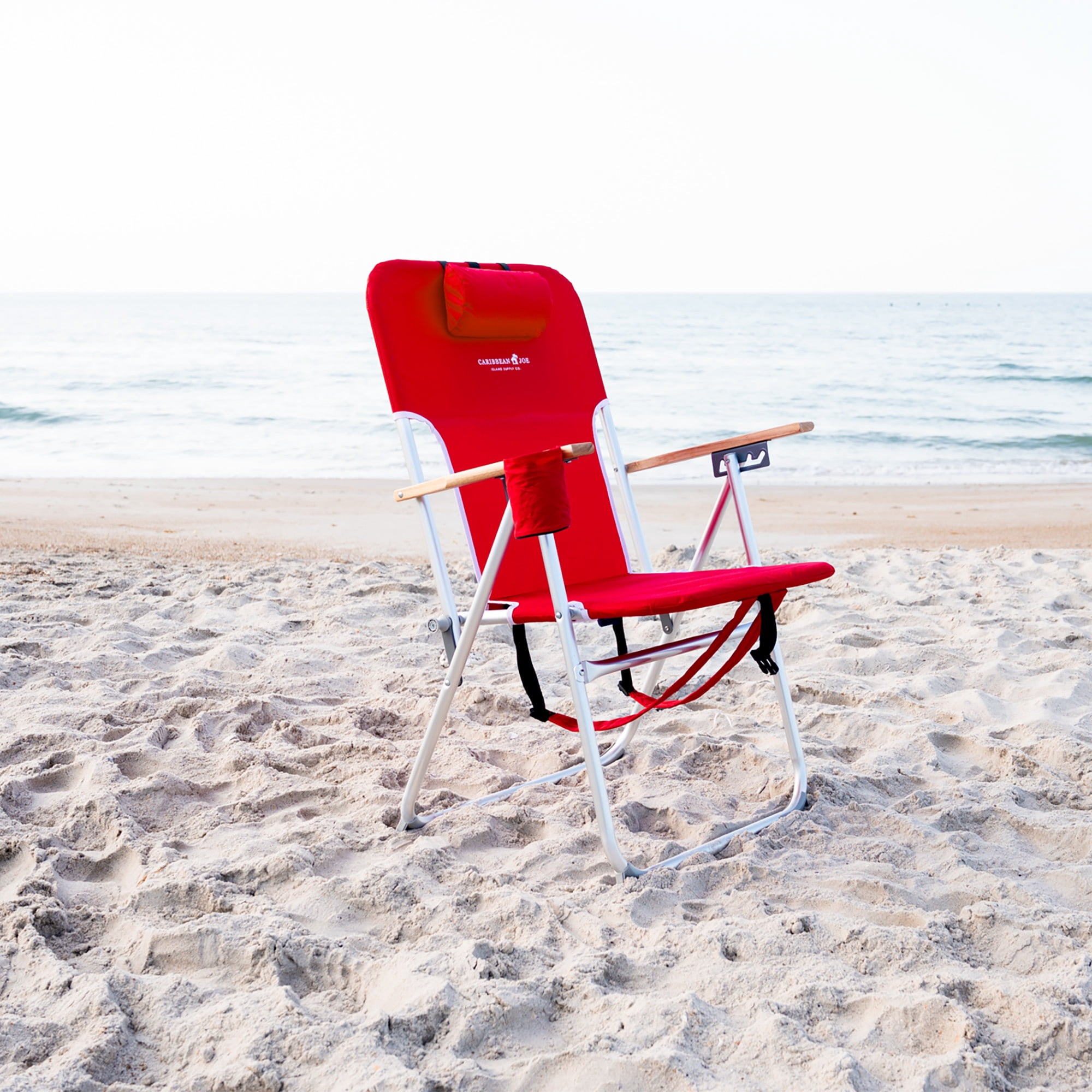Caribbean Joe Folding Beach Chair, 4-Position Reclining Outdoor Seat with Backpack Straps and Wooden Armrests (Red, 350 lb Capacity) te9be