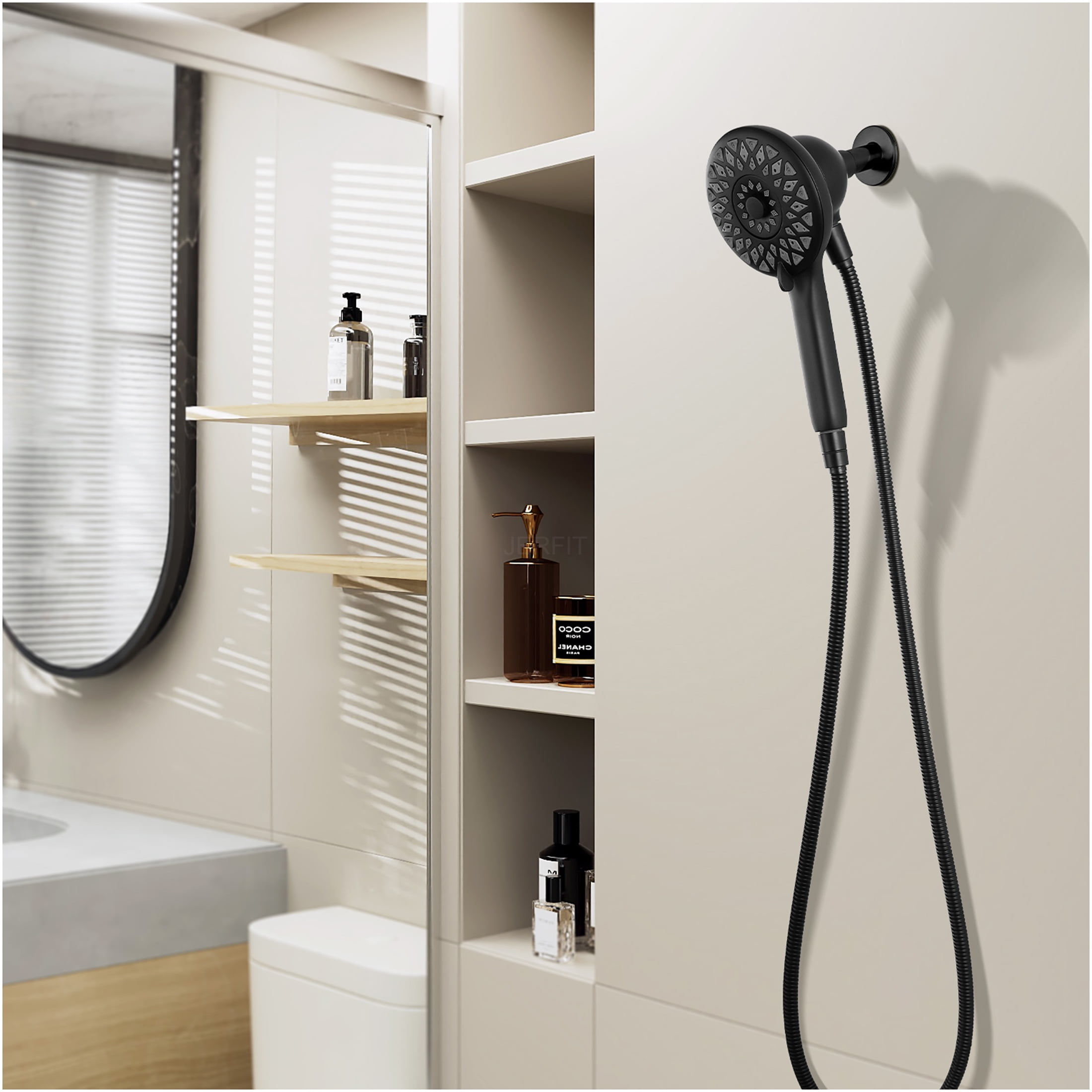 JERFIT Magnetic Handheld Shower Head with 6 Spray Modes and 60 in Stainless Steel Hose (Matte Black, 4.8 in Face) 8hur0