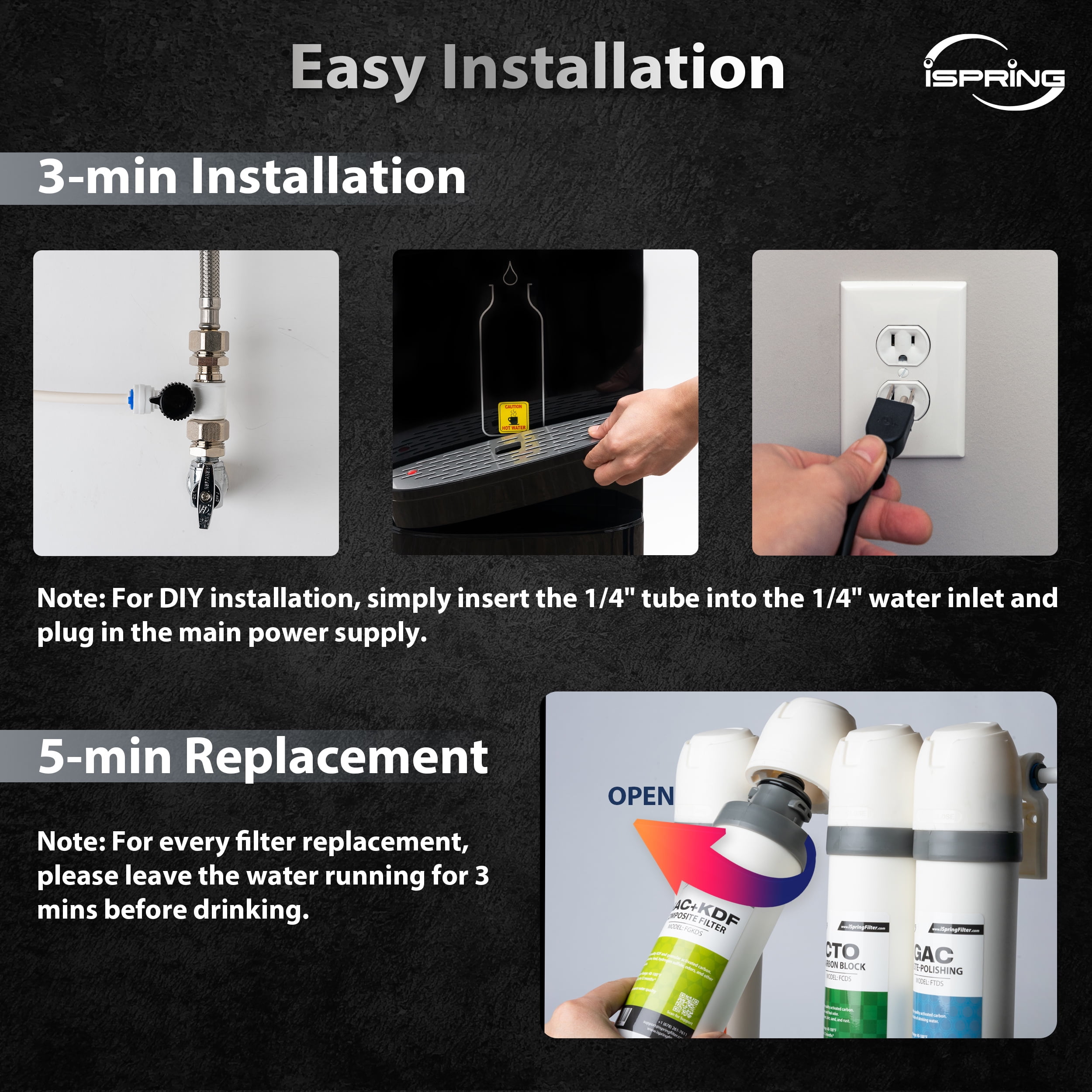 iSpring Water Dispenser with 4-Stage Filtration System, Hot/Cold/Room Temp, Self-Cleaning (Black, 1 Unit) krtcm