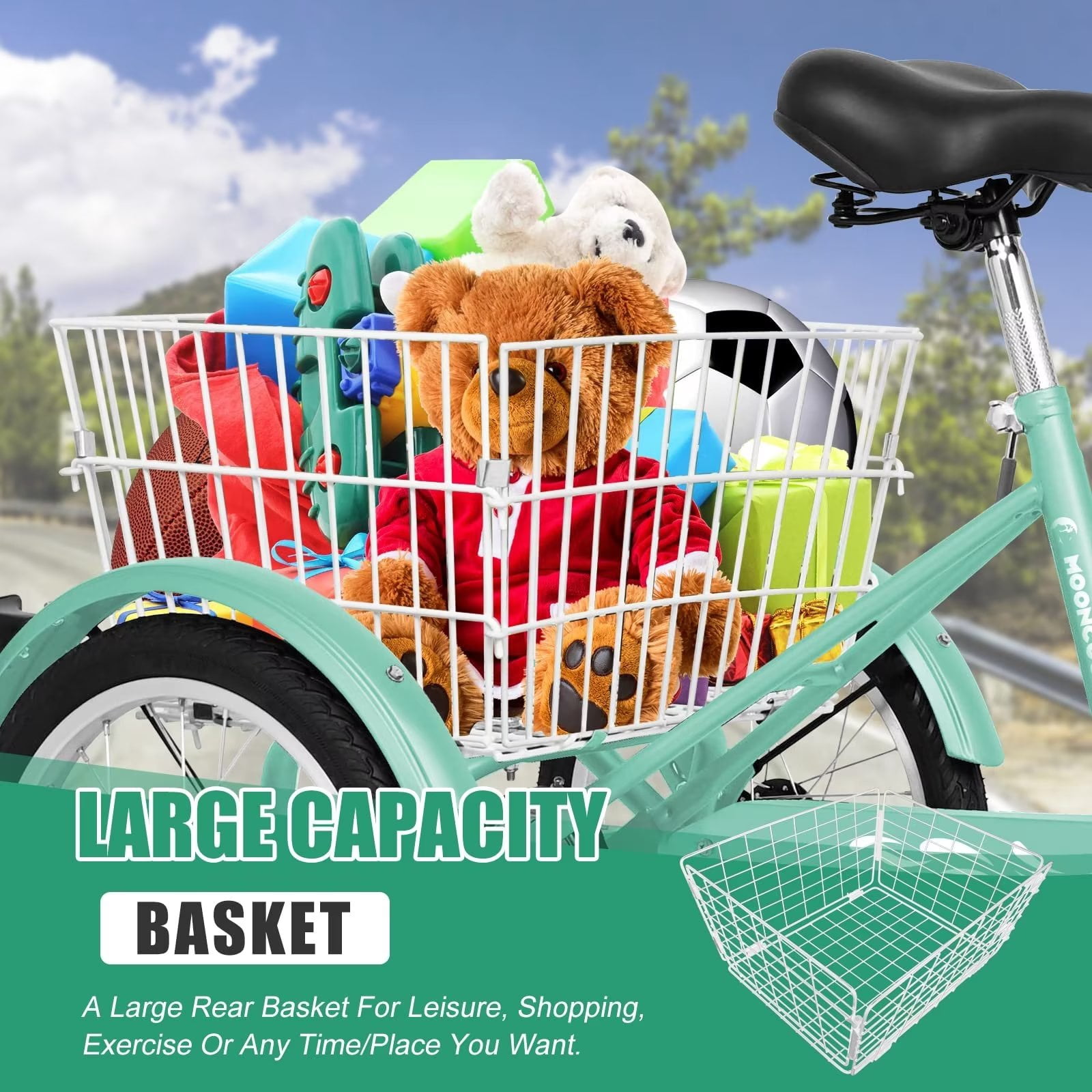 Lilypelle 3-Wheel Tricycle for Kids and Adults, Stable Cruiser Bike with Rear Storage Basket (Cyan, 16 in) yvct6