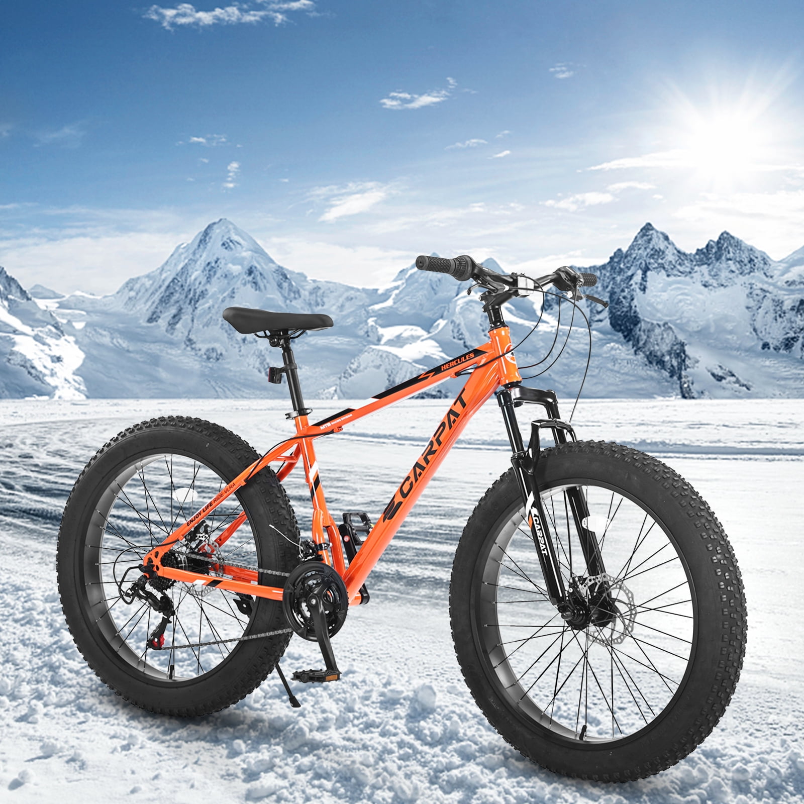 Ecarpat 26 Inch Fat Tire Mountain Bike, 21-Speed All-Terrain MTB with Dual Disc Brakes and Front Suspension (Orange, 26 in) 5wrqs