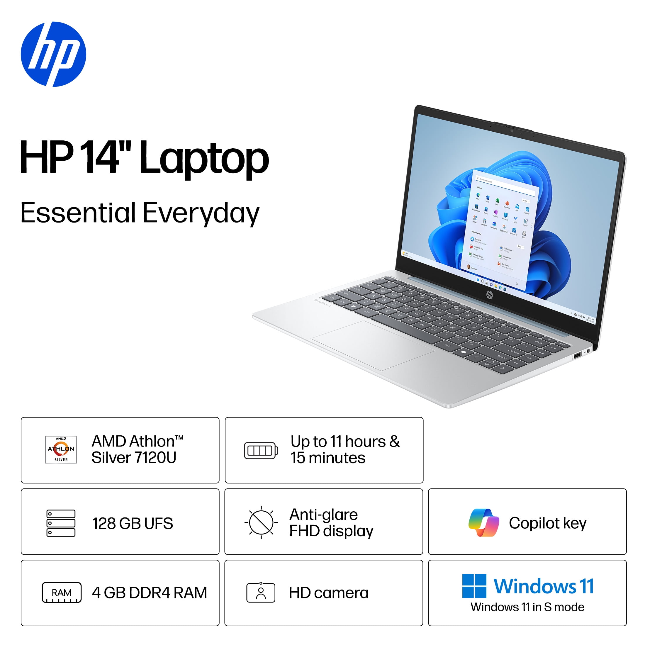 HP 14 in HD Laptop AMD Athlon 7120 4GB RAM 128GB SSD (Moonlight Blue, 14 in) m8qed