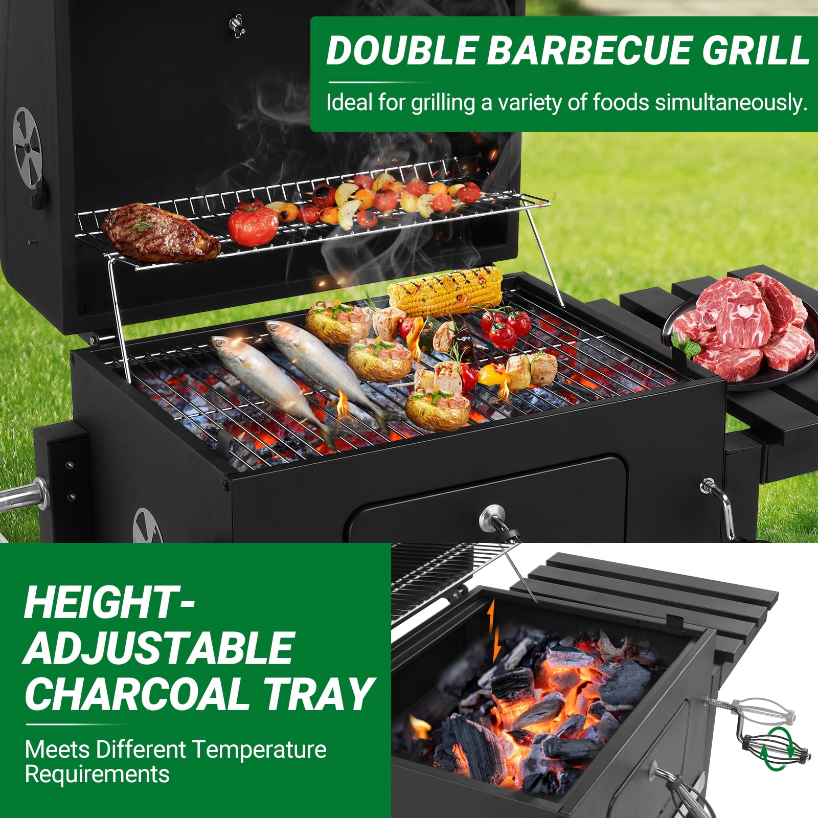 SalonMore BBQ Charcoal Grill Outdoor Barbecue Pit Smoker with Double Grill and Liftable Charcoal Tray (Black) d651f
