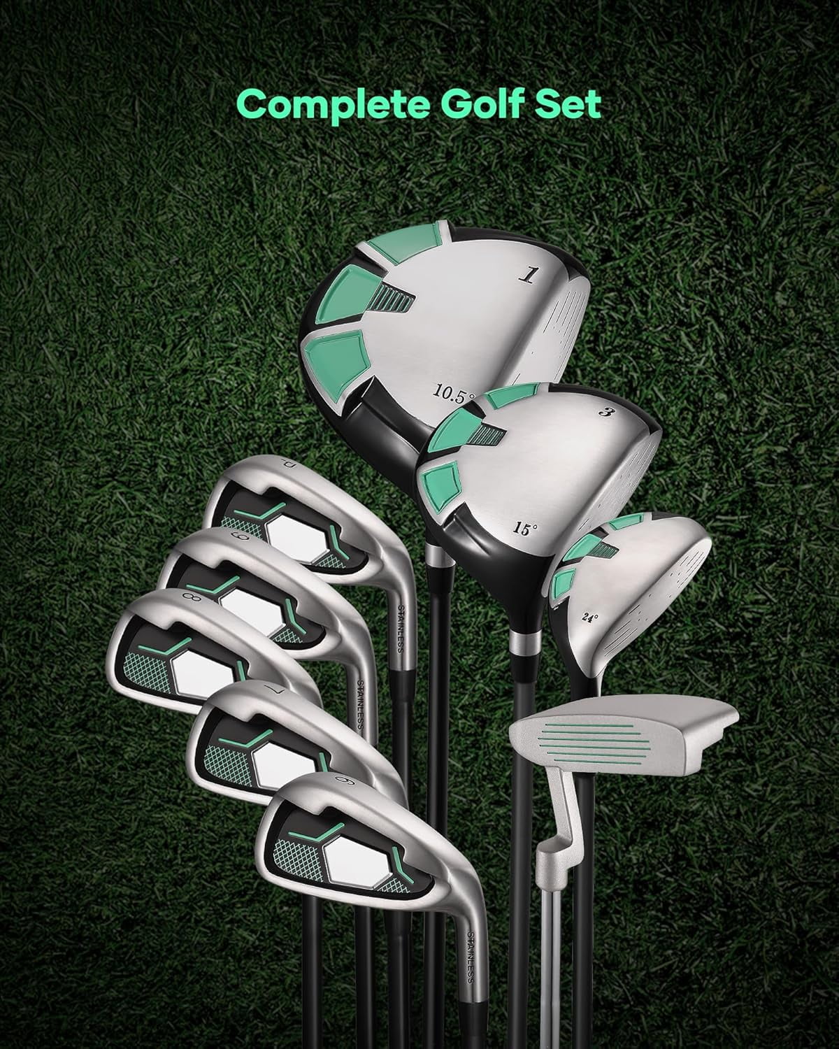 Naipo 9-Piece Complete Golf Club Set for Right-Handed Players with Stand Bag and Head Covers (Green) l0018