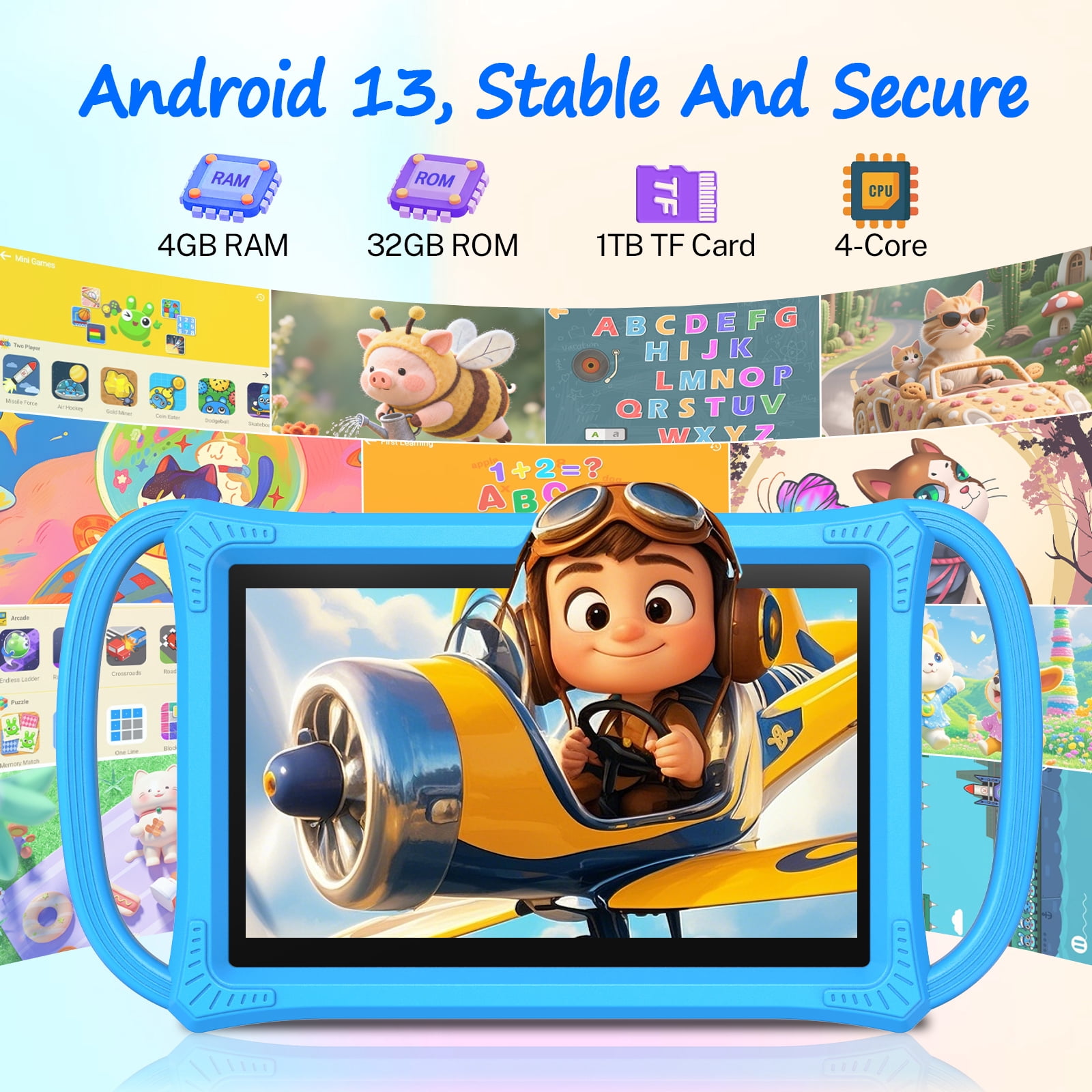 FITIFUN Kids Tablet 7 in HD IPS Display Quad-Core Android 13 Tablet with Parental Control (Blue, 32GB) hygj2