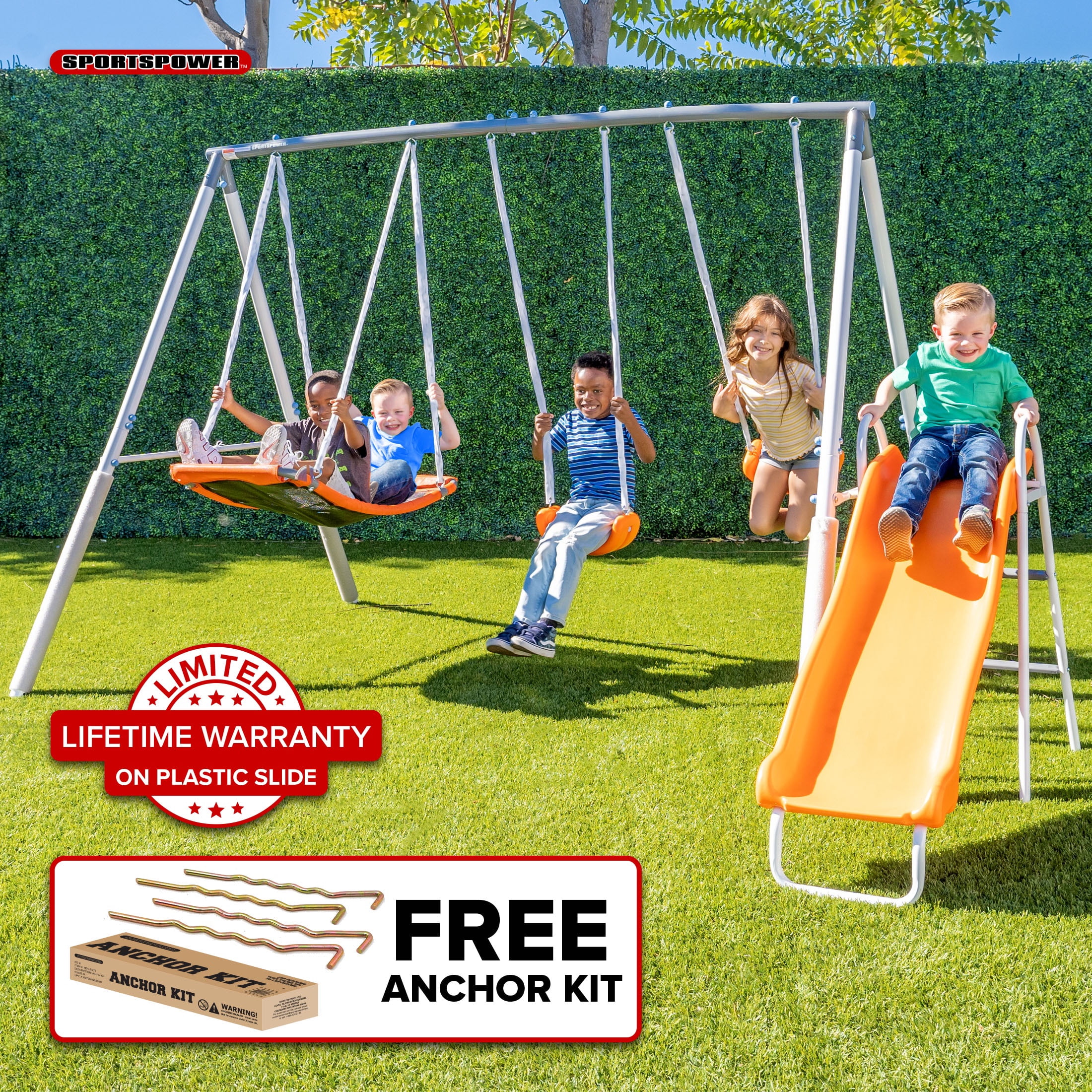 Sportspower Gladstone Metal Swing Set with Skyflyer and Slide (Blue, 5-Kid Capacity) 05eu0