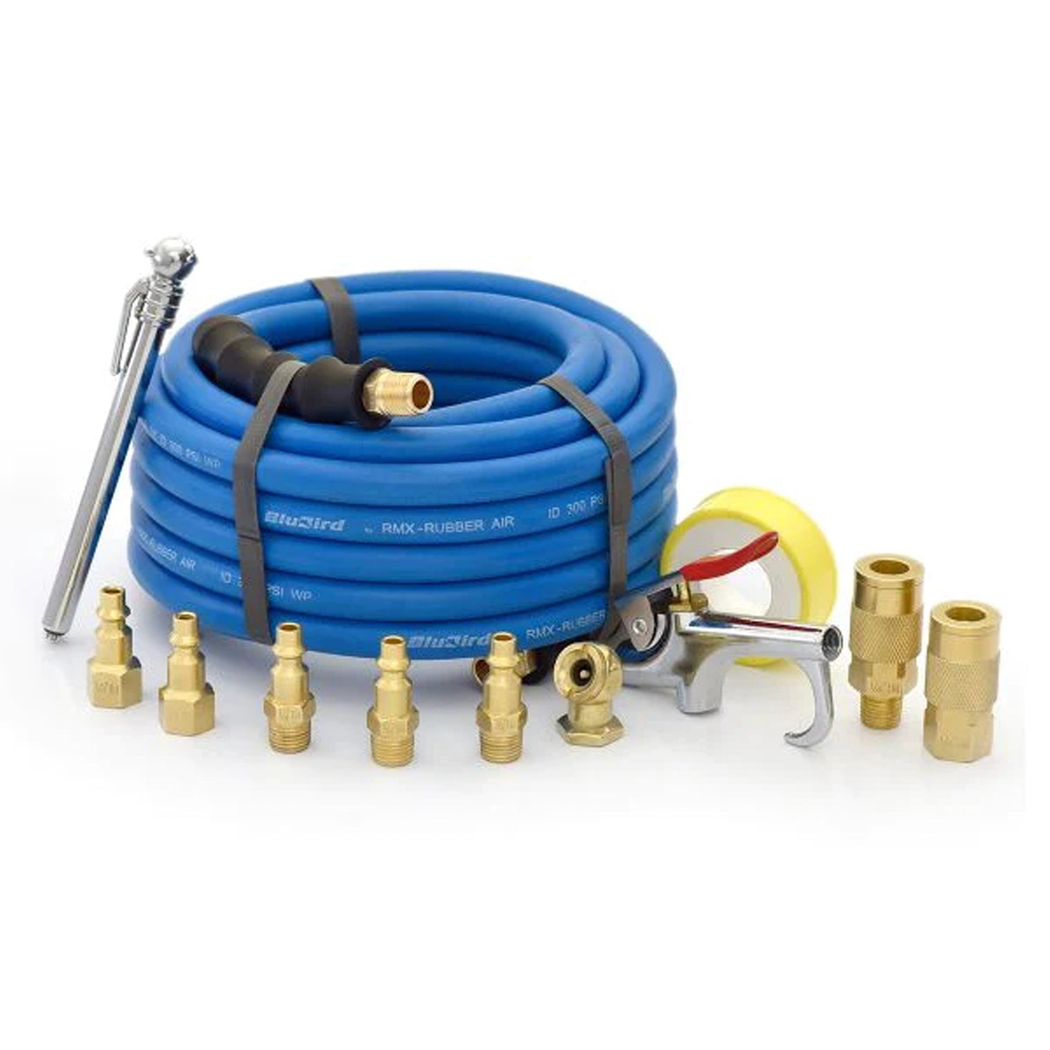 Blubird 3/8 in Rubber Air Hose Assembly with Brass Accessory Kit (Blue, 50 ft) w0vmx