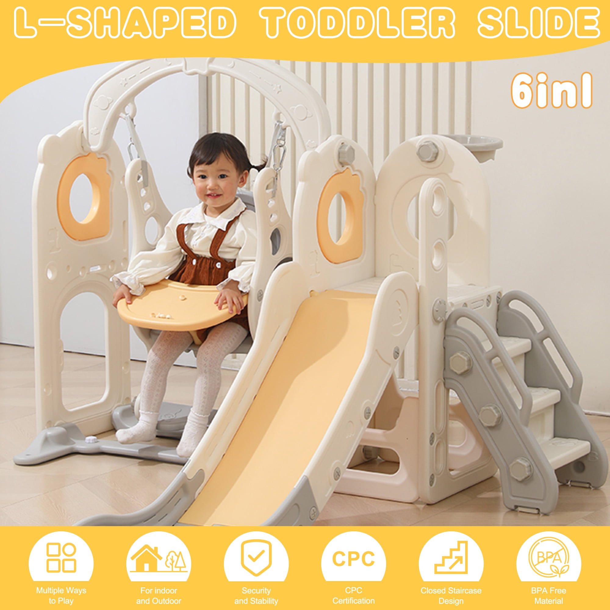 Zimeng 6-in-1 Toddler Slide and Swing Set, Indoor Outdoor Playground Climber Playset with Basketball Hoop (Beige, 34.65 in x 12.2 in x 21.26 in) ibmia