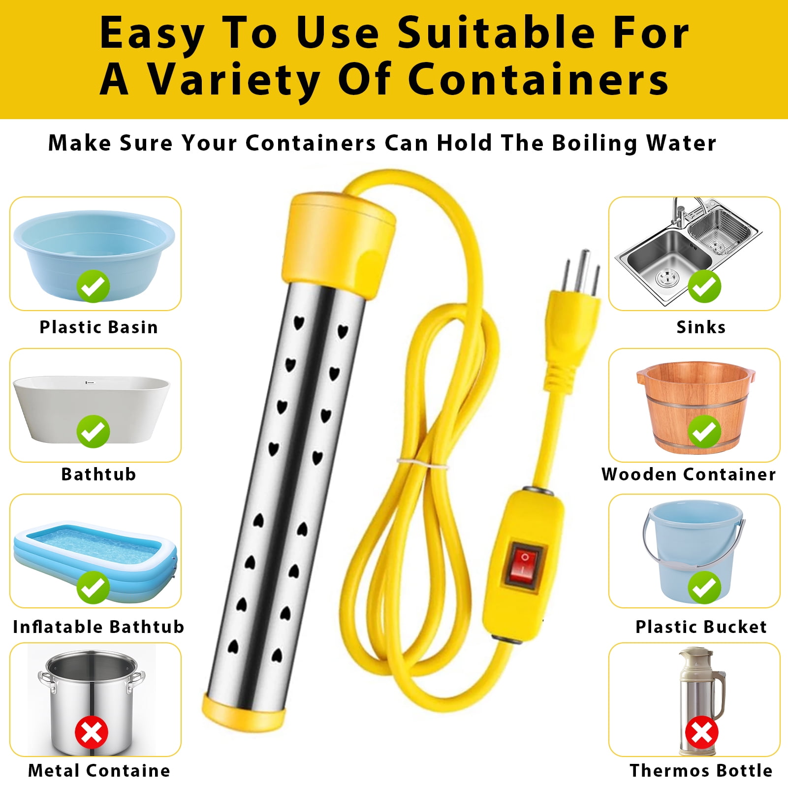 Fyydes 1500W Electric Immersion Water Heater, Portable Submersible Bucket Heater with Auto-Shutoff & Stainless Steel Guard (1500W) 9h03d